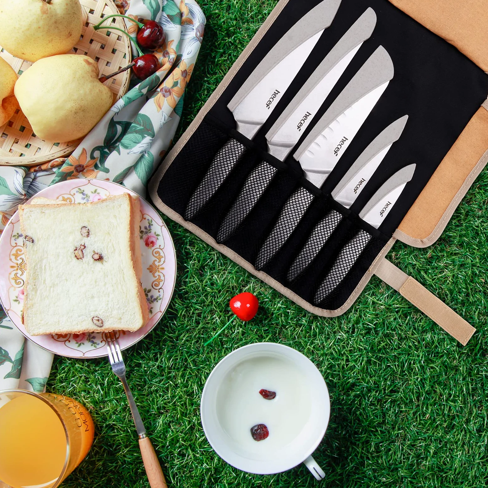 hecef Set Coltelli da Cucina Professionali, 6 Pezzi Set di Coltelli da Chef Acciaio Inox con Coprilama Protettivi & Borsa per coltelli (5 fessure), per Attività Indoor e Outdoor e Campeggio