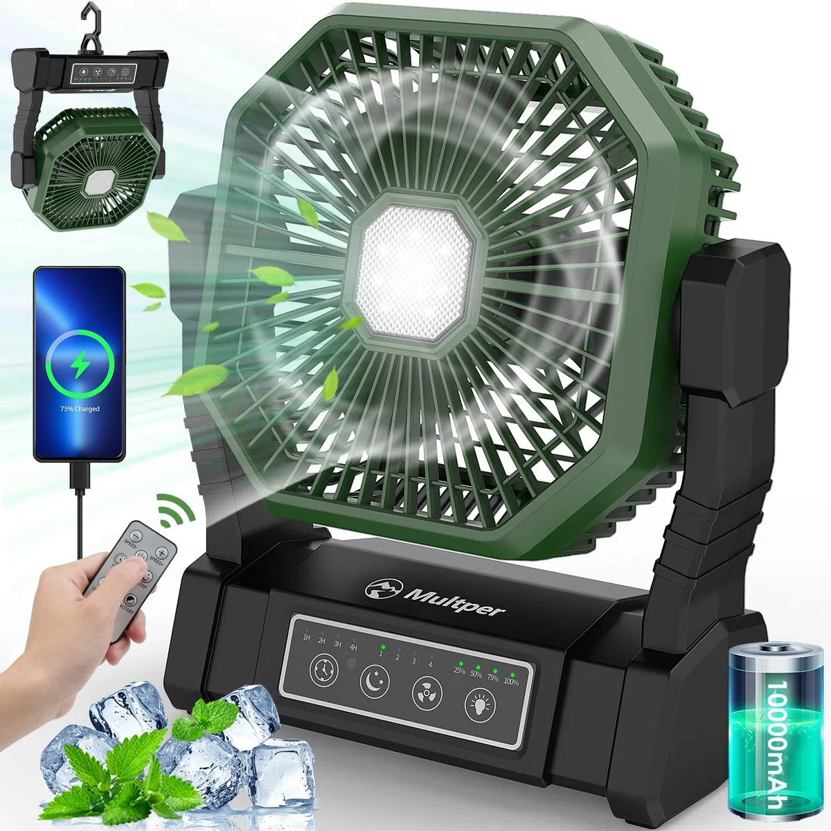 Multper Ventilatore da Campeggio con Luce LED, 4 Velocità 10000mAh Ventilatore Portatile USB Ricaricabile con Telecomando e Gancio, Ventilátore da Tavolo Silenzioso per Casa, Ufficio, Viaggi, Picnic