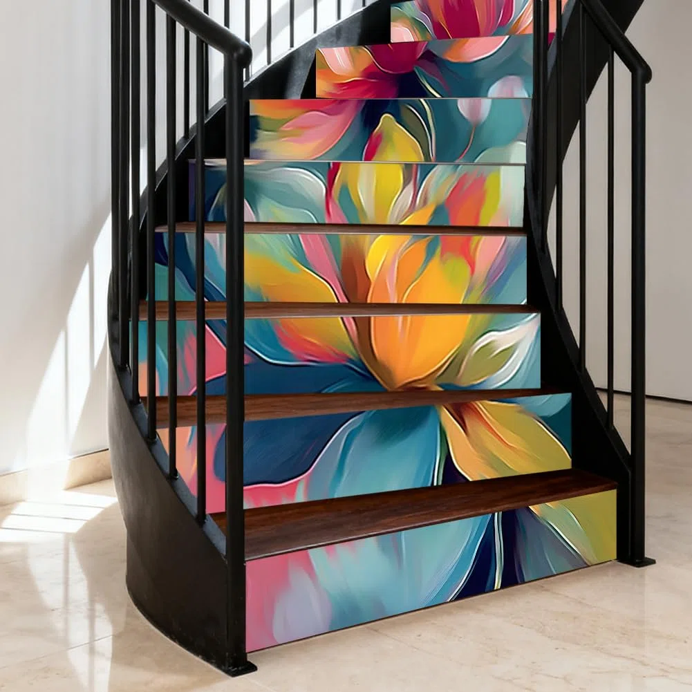 Hpbbspring 15 adesivi per scale con fiori rosa e gialle e piastrelle adesivi per piastrelle, autoadesivi, impermeabili, per gradini, fattoria, caffetteria, balcone, 100 x 18 cm
