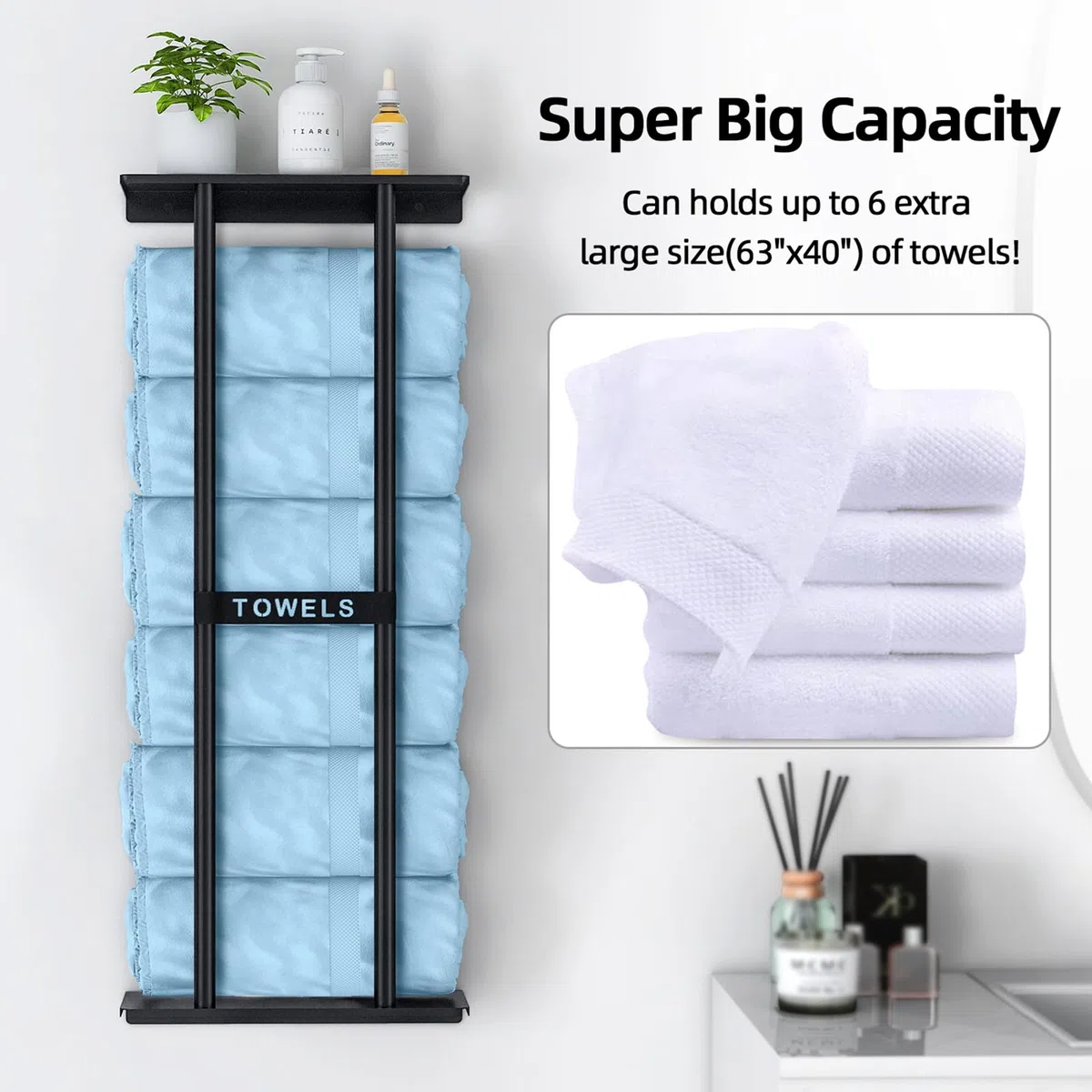 STWWO Mensole Portasciugamani da Bagno Porta Asciugamani da parete Nero 76cm Porta Salviette Grandi Asciugamani Organizer Portasciugamani Verticale con ripiano per Bagno Cucina Toilette