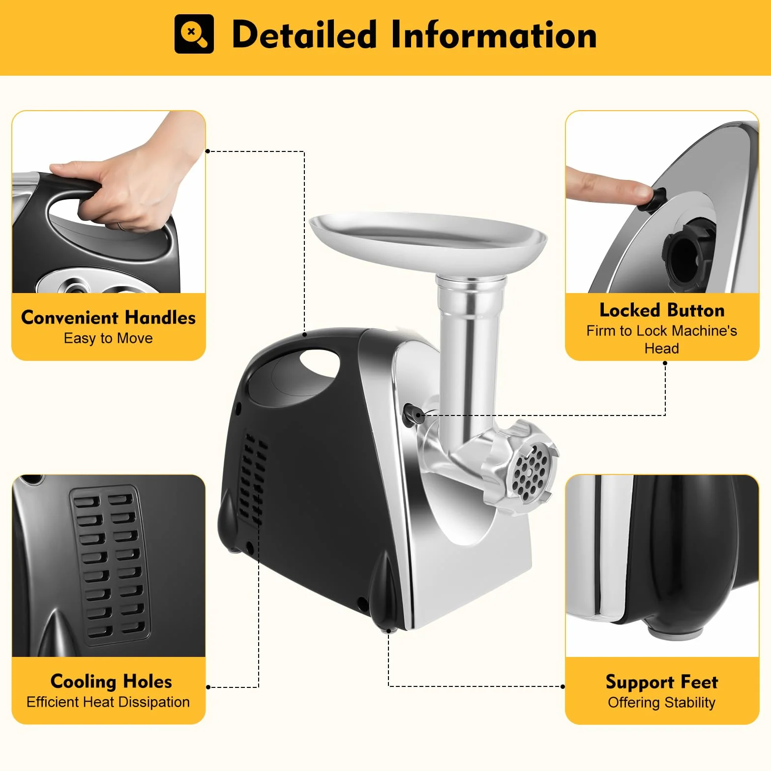Tritacarne elettrico da 2800 W, in acciaio inox, multifunzione, con 1,5 kg di carne al minuto, Meat Grinder Electric con 3 piastre abrasive in acciaio inox, nero