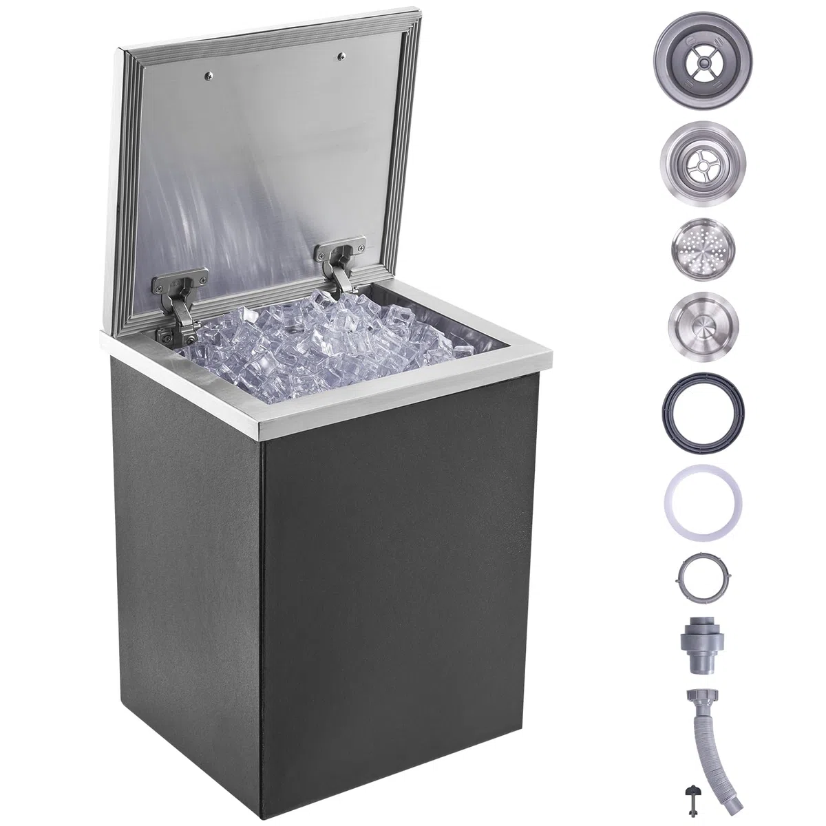 VEVOR Contenitore per Ghiaccio da Incasso 28,52 L 355x305x461 mm, Contenitore per Ghiaccio Coibentato in Acciaio Inox, con Coperchio incernierato, Tubo Flessibile, per Bevande Birre Fredde, Cottura