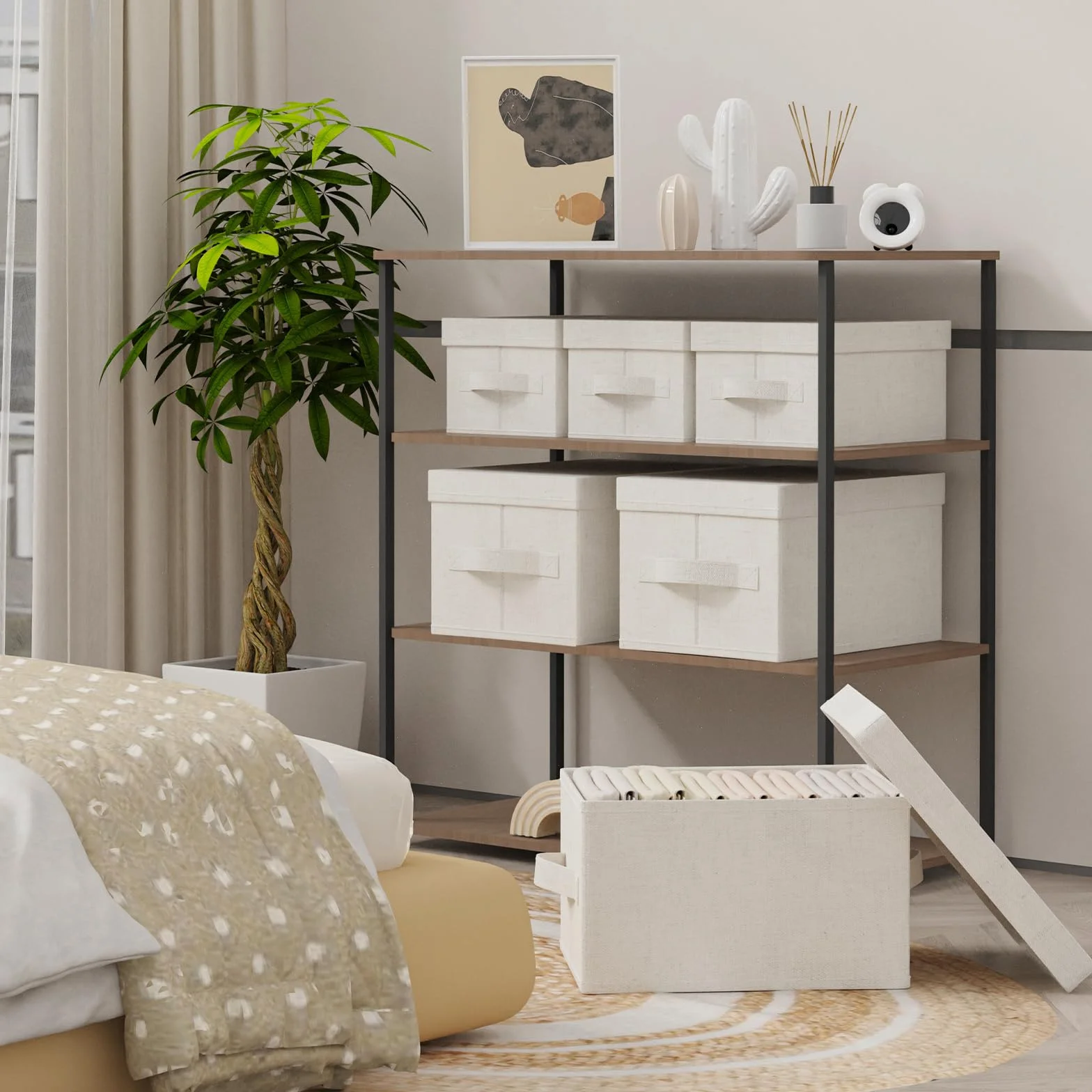 3er Scatole di Stoccaggio, Contenitore in Tessuto con Coperchio, Organizzatore di Vestiti con Maniglia, Utilizzato in Camera da Letto o Soggiorno, 33x23x18cm, Beige