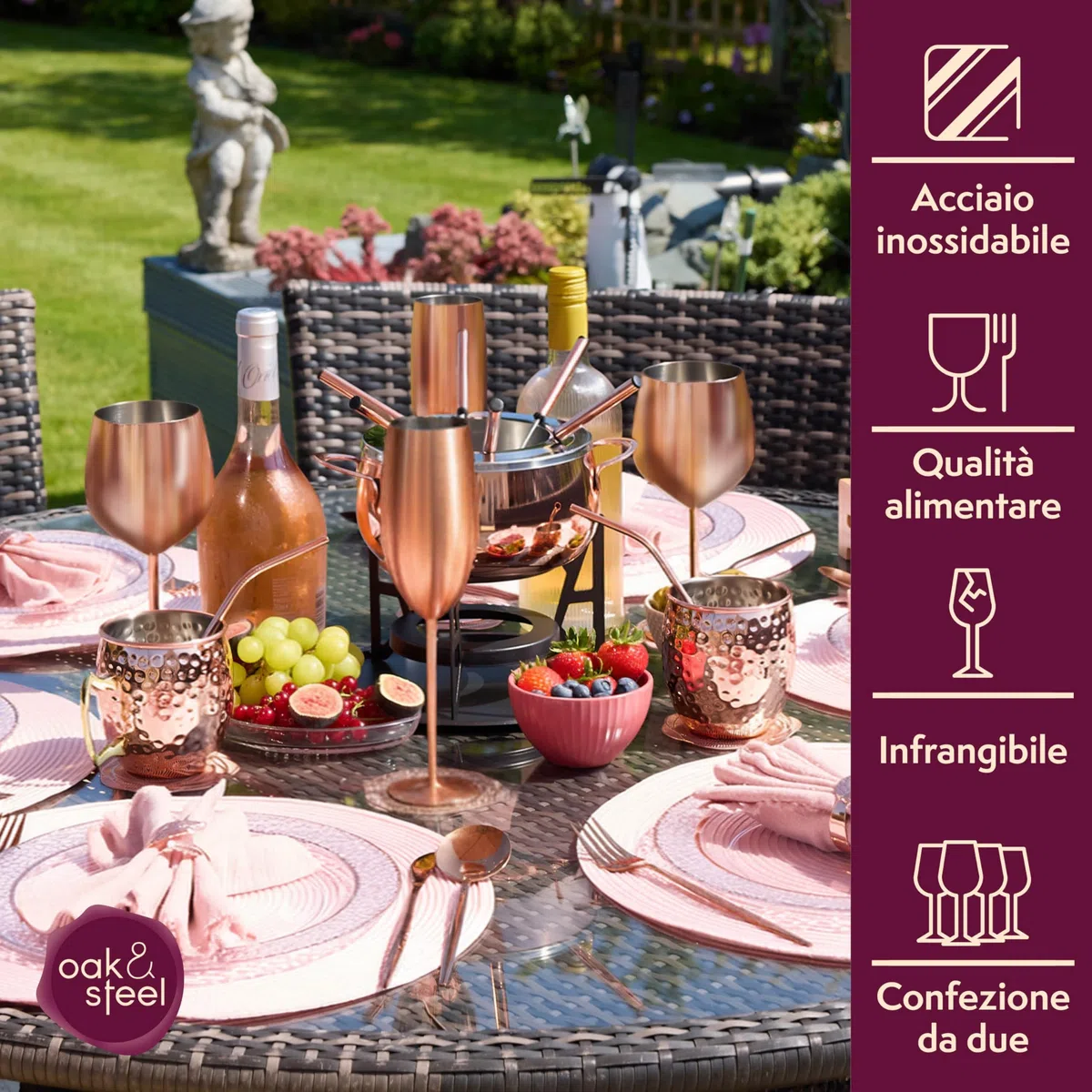 Oak & Steel - 4 Bicchieri Da Prosecco Con Flute Da Champagne, Acciaio Inox Finitura Rame Oro Rosa, 285 Ml - Confezione Regalo