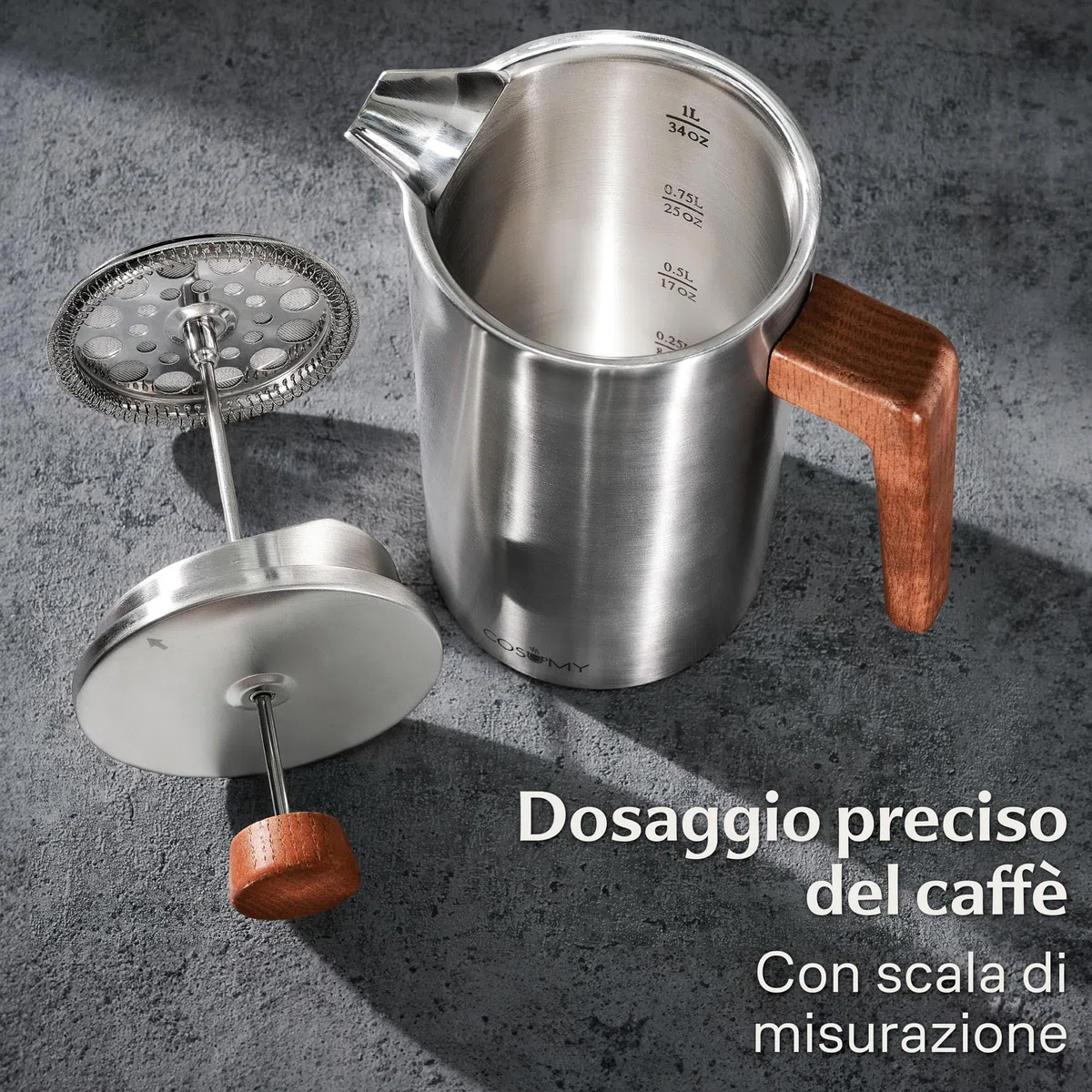 Cosumy French Press Caffettiera francese 1l - Doppia parete a Acciaio Inox e FSC legno - Mantiene caldo il caffe - 5 Tazze