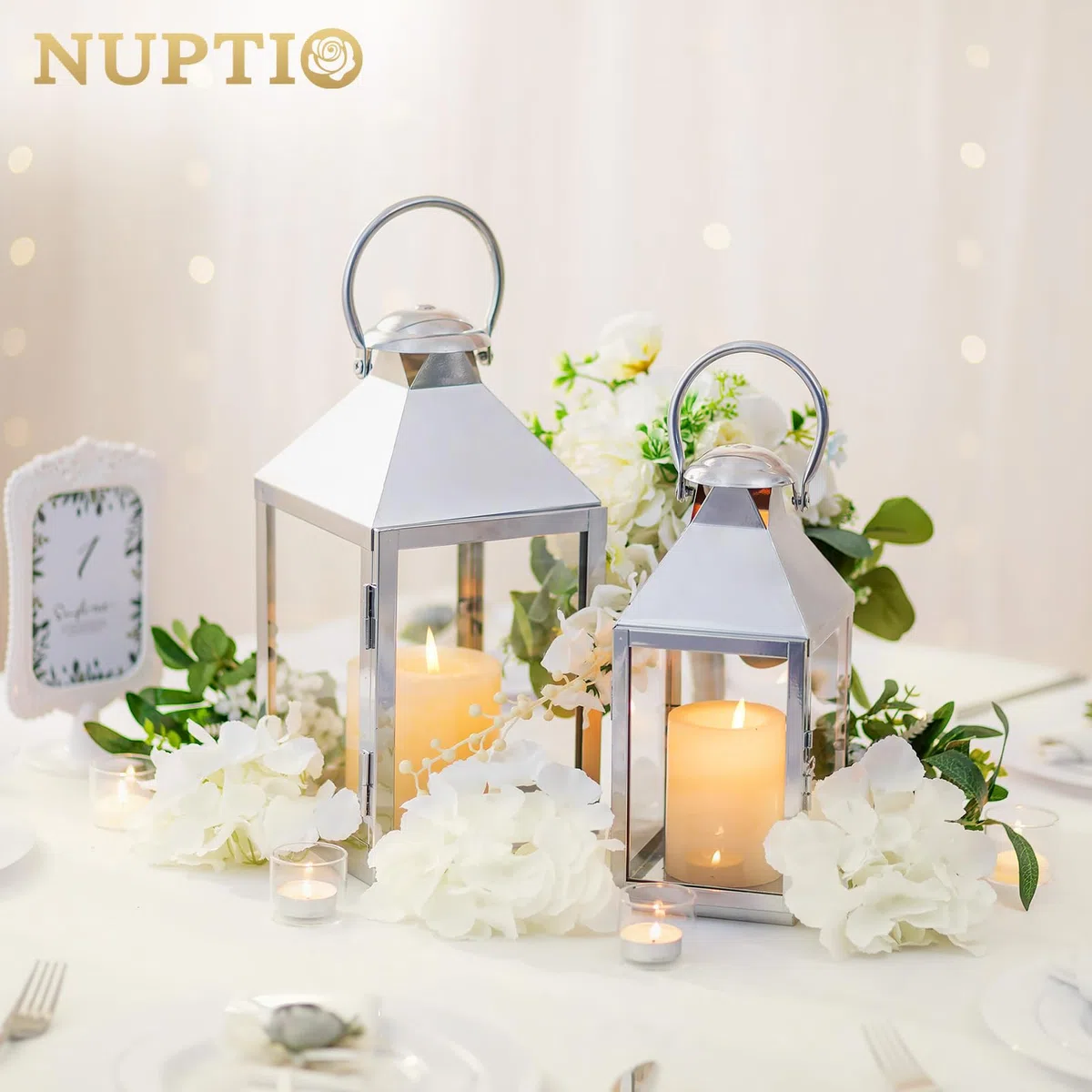NUPTIO Lanterna Cimitero 28cm: Candela Esterna in Metallo Argento, Urna Tomba Resistente Alle Intemperie, Luce Grande per Giardino Interno ed Esterno