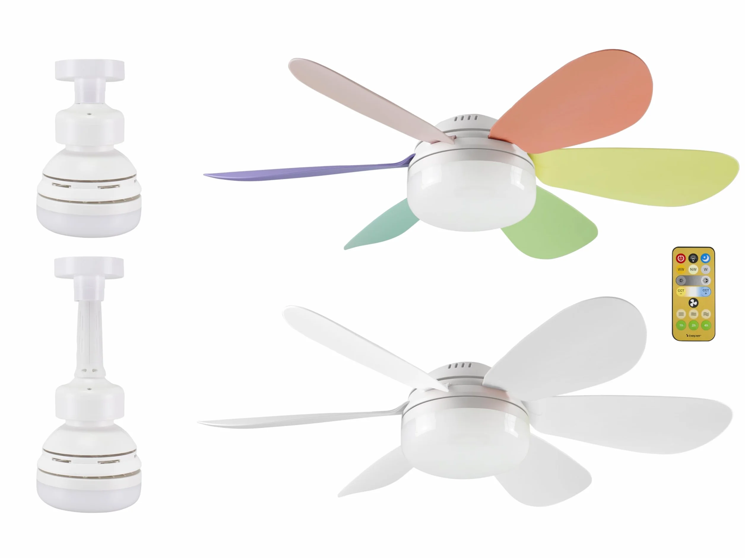 BEPER P206VEN610 Ventilatore da Soffitto, 40W, Illuminazione e Ventilazione con Design Intercambiabile, 2 Set di Pale, 3 Velocità, Telecomando e Lampada a Risparmio Energetico