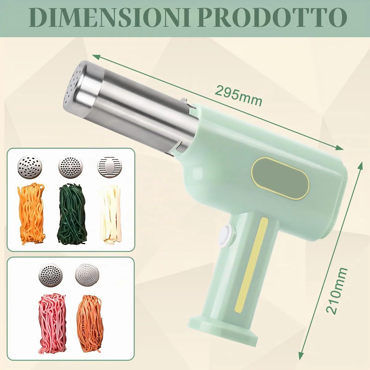 Macchina per pasta elettrica, pressa per pasta portatile con batteria da 2600 mAh, 5 stampi per pasta, 3 teste di salsiccia, spatola e misurino, macchina per pasta automatica