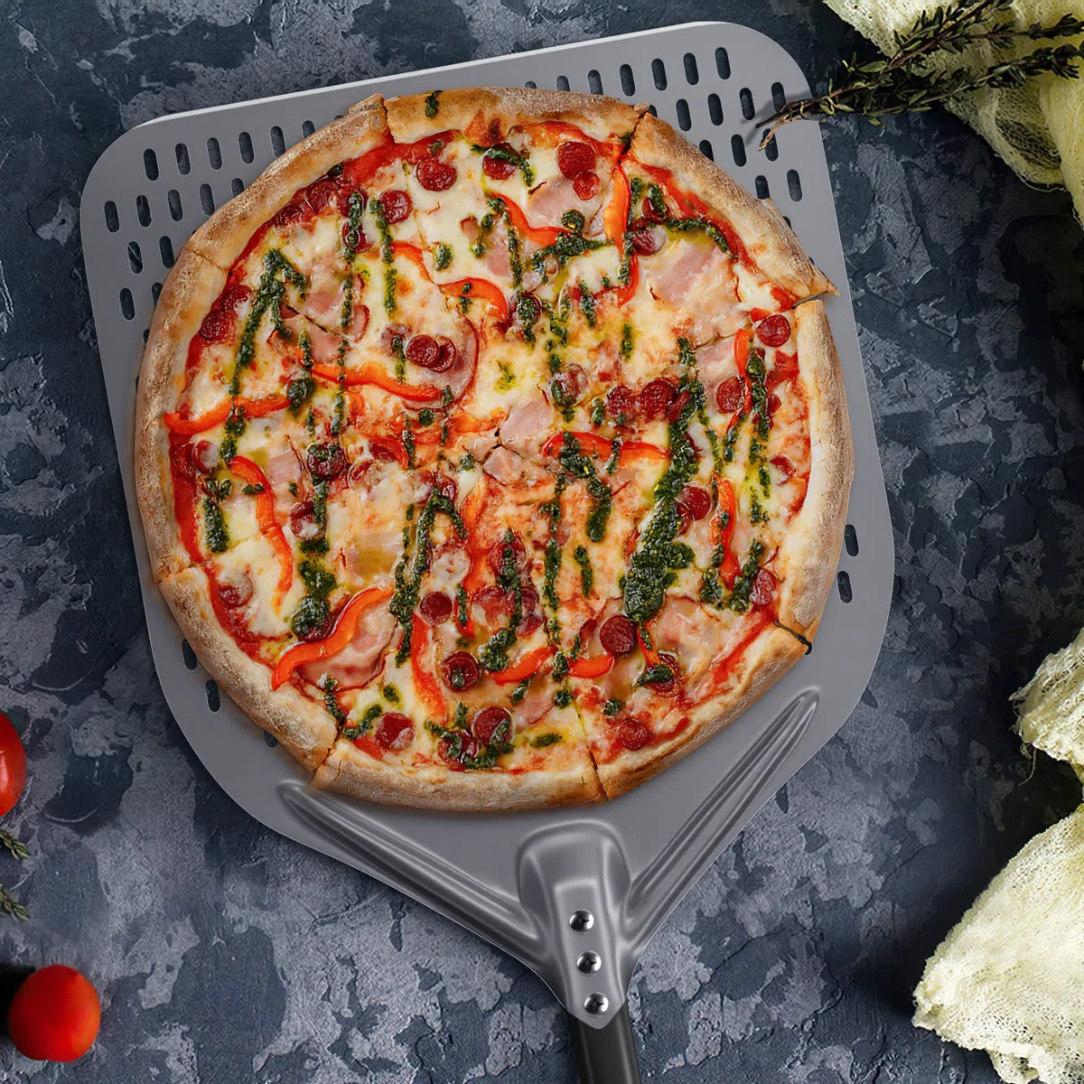 Pala per Pizza, 30 cm x 39 cm Pala per Pizza Lunga in Alluminio Anodizzato Duro con Manicotto in Silicone Termoisolante, Raschietto per Pizza Forata per Pizzas, Pane per Forno, Lunghezza Totale 111 cm