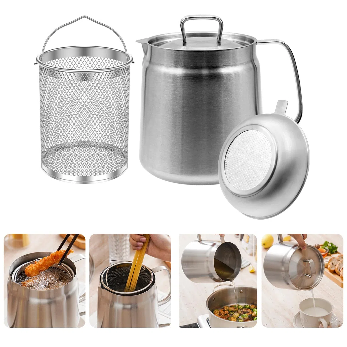 Filtro per friggitrice da 2 l, in acciaio inox 304, con filtro e cestello per friggitrice, contenitore multifunzione per grasso