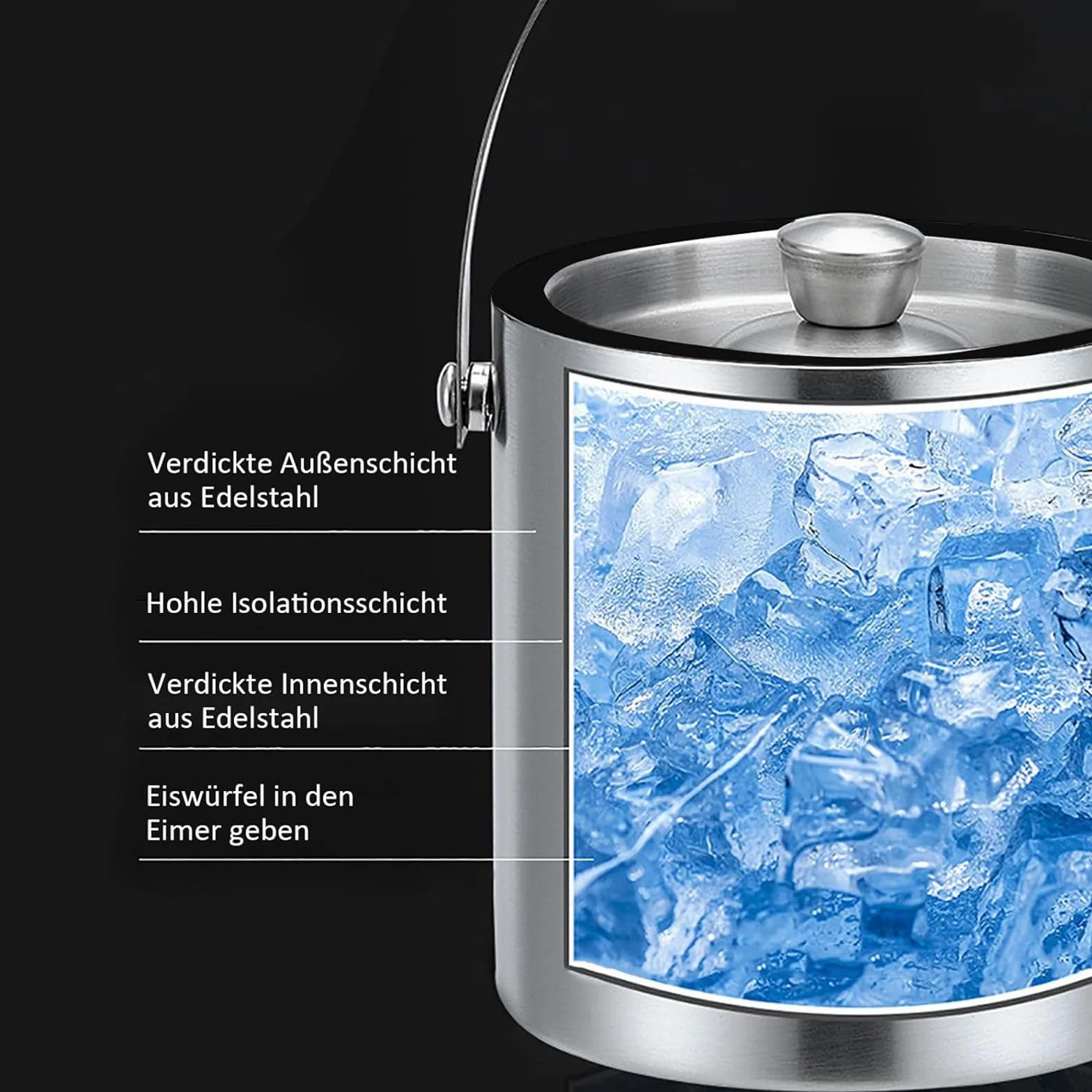 Secchiello Ghiaccio, secchiello per Ghiaccio Rotondo con Pinze per ghiaccio, Contenitore per Cubetti di Ghiaccio da 3 Litri, Secchiello per Ghiaccio in Acciaio Inox con Paletta, per Raffreddare Birra