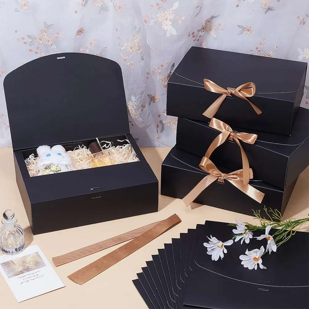 UNICRAFTALE 16 scatole regalo nere con coperchio, in carta di cartone con nastro dorato, rettangolare, di lusso, colore nero, 27 x 22 x 8 cm, per feste di laurea, Natale