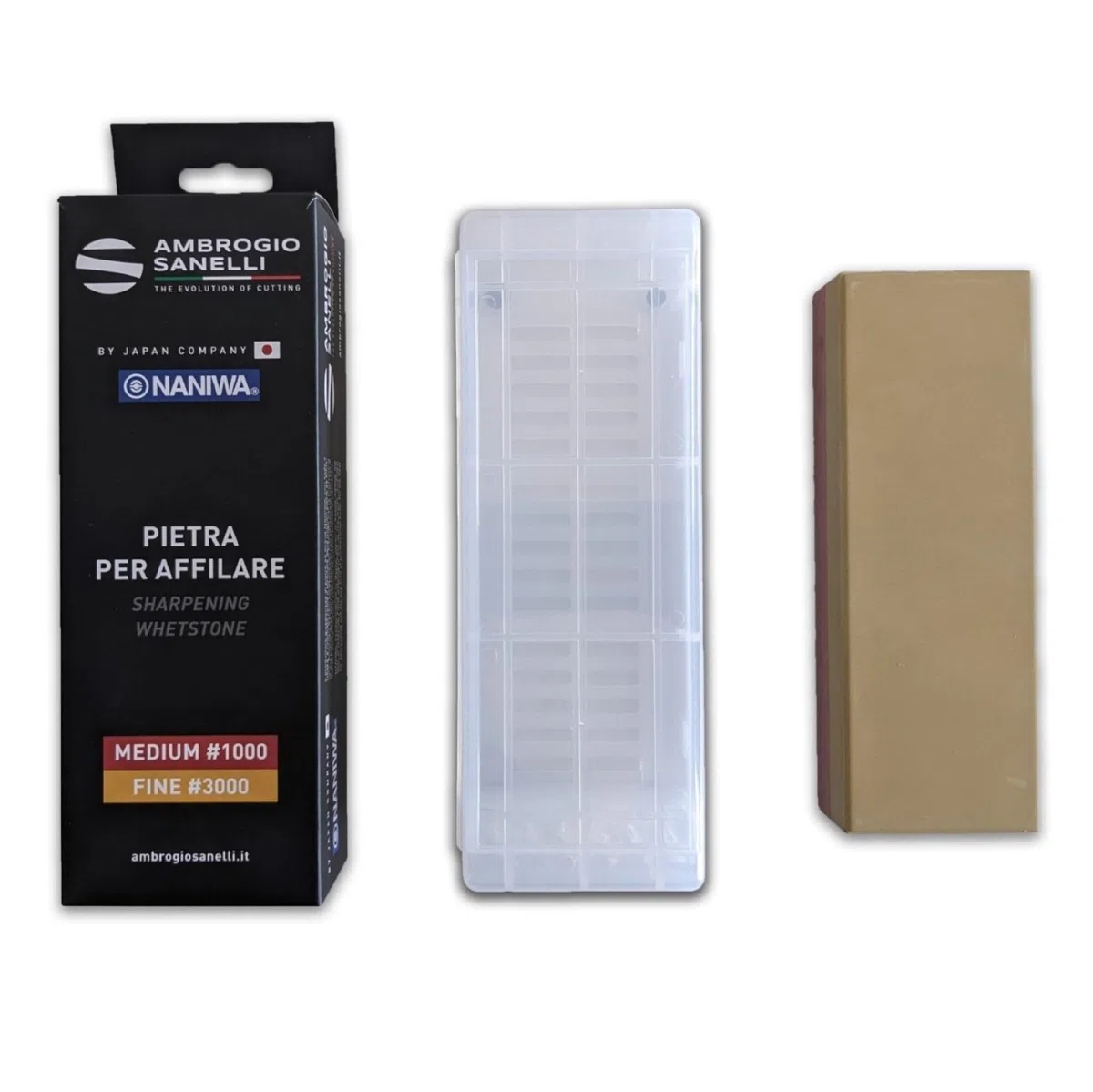 Sanelli Ambrogio, Naniwa Basic Stone, Pietra Affilacoltelli Combinata 2-in-1, Grana Media #1000 e per la Finitura #3000, Ideale per Coltelli Normali, Made in Vietnam