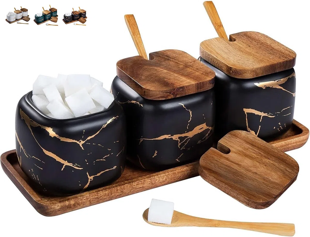 Set Zuccheriera in Ceramica, 3 pz Condimento Box con Coperchio e Cucchiaio e Vassoio, Spezia Jar Cucina Scatola Barattolo di Spezie, Utensili da Cucina Forniture per Spezie, Nero