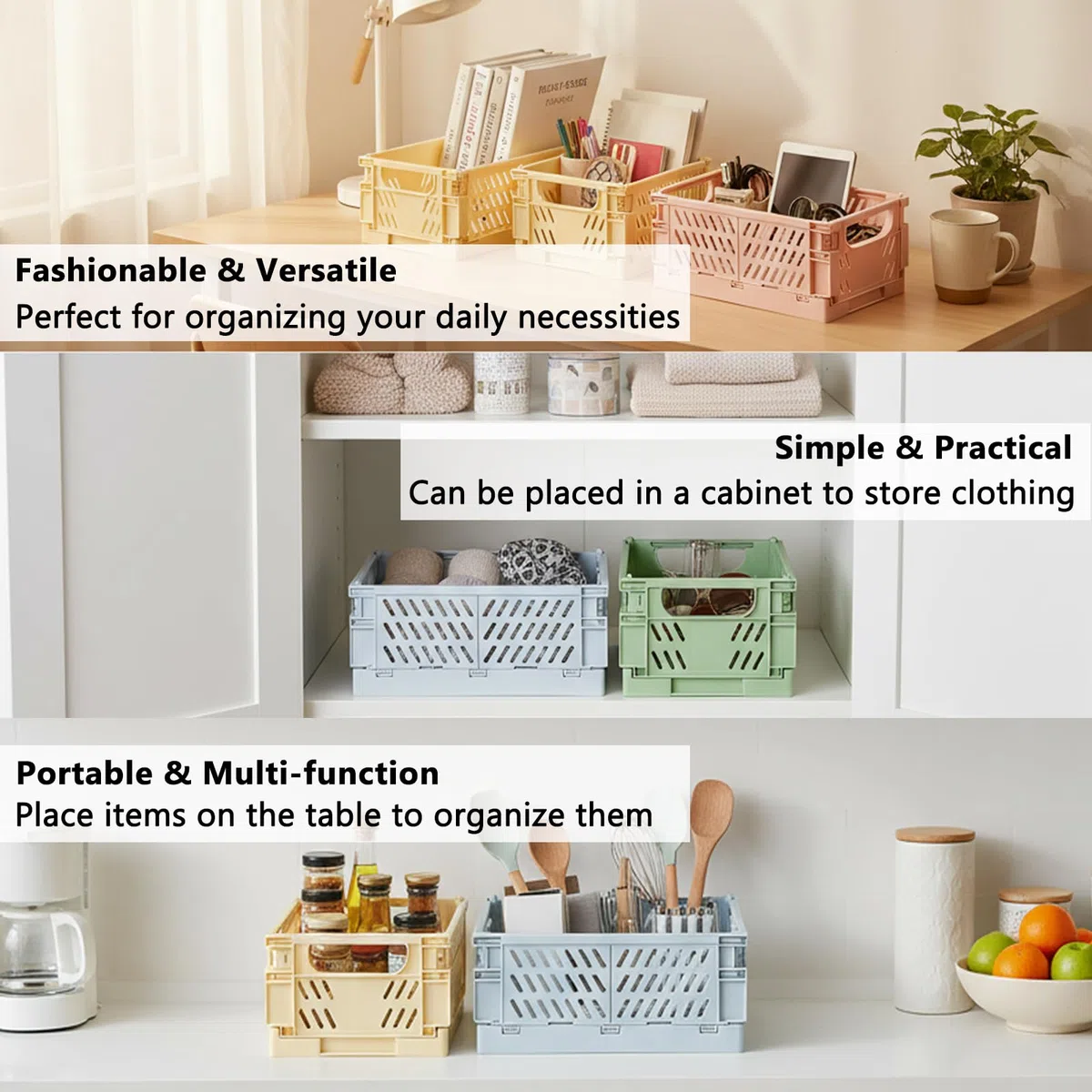 Confezione da 8 casse pieghevoli in plastica, mini casse per il latte colorate, graziose ceste impilabili per classe, ufficio, bagno, facili da usare (15 x 9,9 x 6,1 cm, 25,4 x 16,5 x 10,4 cm