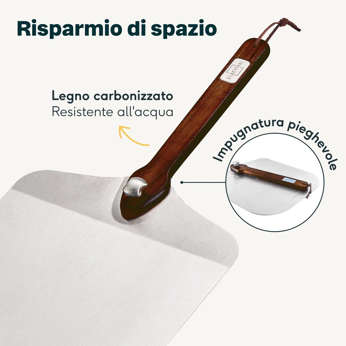 SILBERTHAL Pala per pizza corta - Acciaio inox 30 cm - Manico pieghevole - Proffessionale e rettangolare