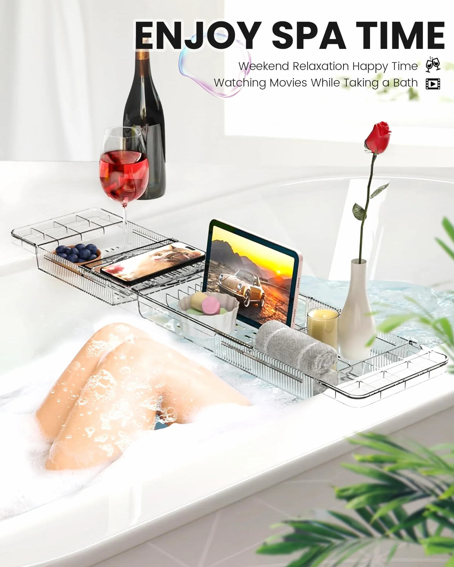 Vassoio vasca da Bagno in Acrilico, Vassoio per Vasca da Bagno Estensibile, Mensola Vasca da Bagno per Contenere iPad, Bicchiere di vino e Libri, vassoio Bagno Trasparente, Accessori Vasca da Bagno
