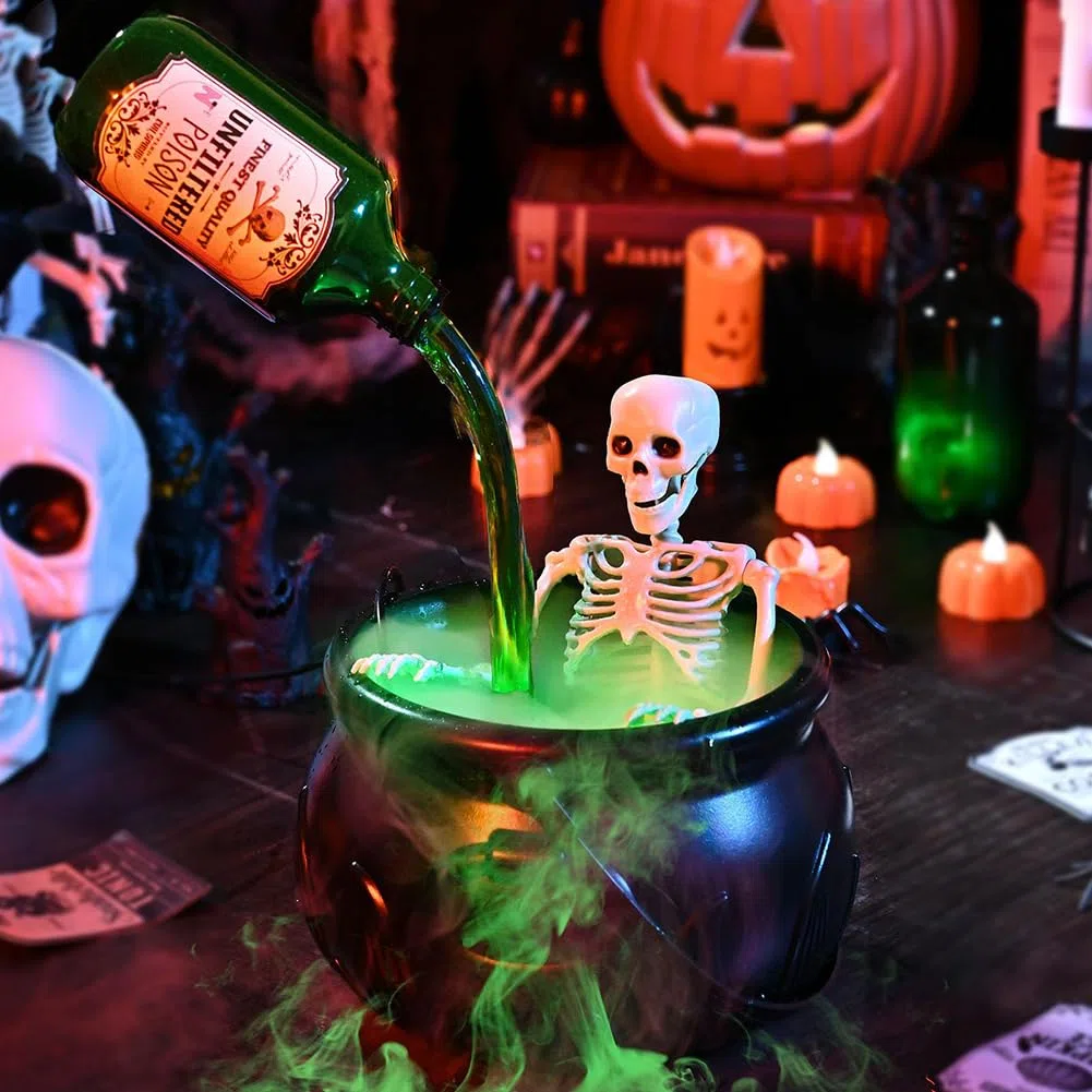 Starnearby Decorazioni Halloween Calderone con Scheletro, Calderone Strega Halloween con Bottiglia di Pozione Magica Galleggiante e Diffusore, Calderoni in Plastica con Fumo (25 CM)
