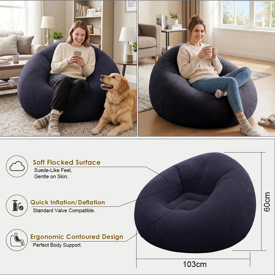 Poltrona Sacco Gonfiabile con Pompa Incorporata, Pieghevole & Portatile, Impermeabile, per Interno ed Esterno, Giardino Campeggio Viaggio