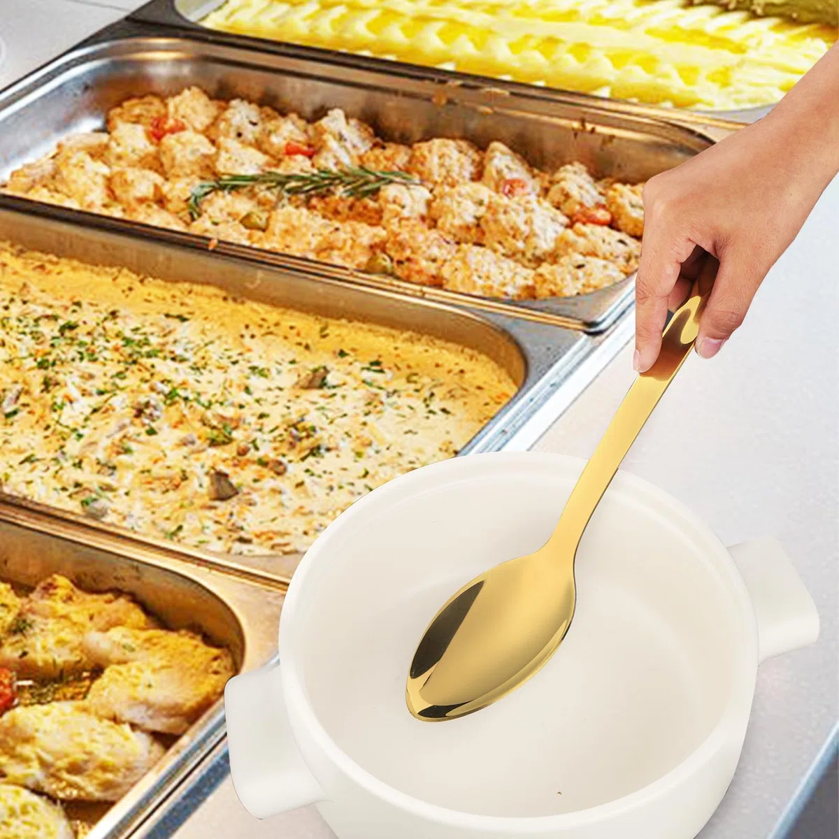 Cucchiai da tavola grandi da 33 cm per servire, in acciaio inossidabile, set di cucchiai da buffet con manico lungo, per feste, cene, cucina, ristorante (oro, 6 pezzi)