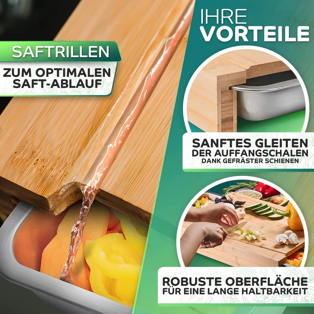 Loco Bird Premium Chopping Board con vassoi di raccolta - Gadget ideale per la cucina - Set - Tavola da cucina in bambù con 2 vassoi in acciaio inossidabile - Aiuto in cucina per cucinare