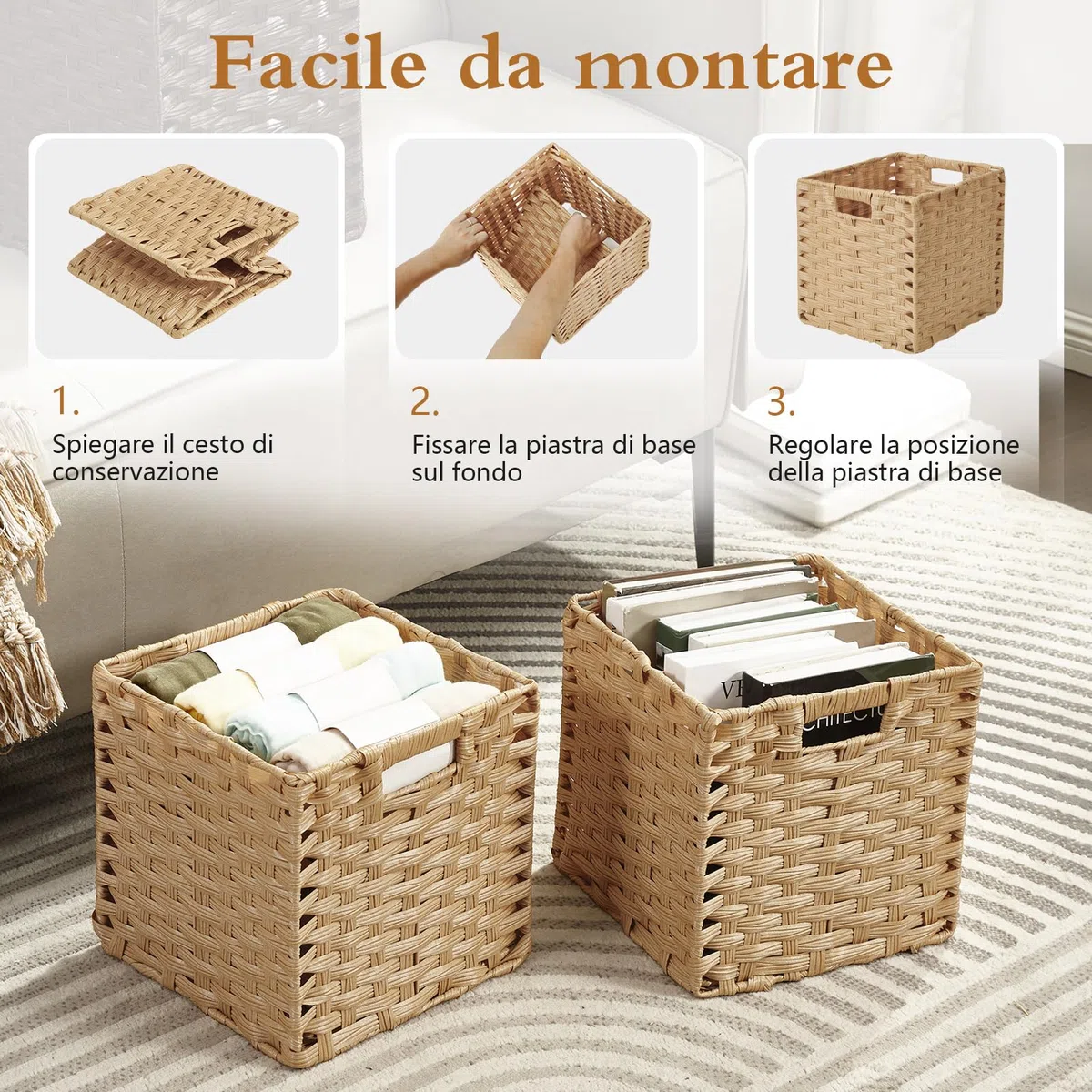 Sagittar, cestino intrecciato pieghevole in rattan sintetico, 25x25x25 cm, cestino portaoggetti per dispensa, credenza, credenza per giocattoli, cestino a cubo per scaffale, impermeabile, antimuffa, 4