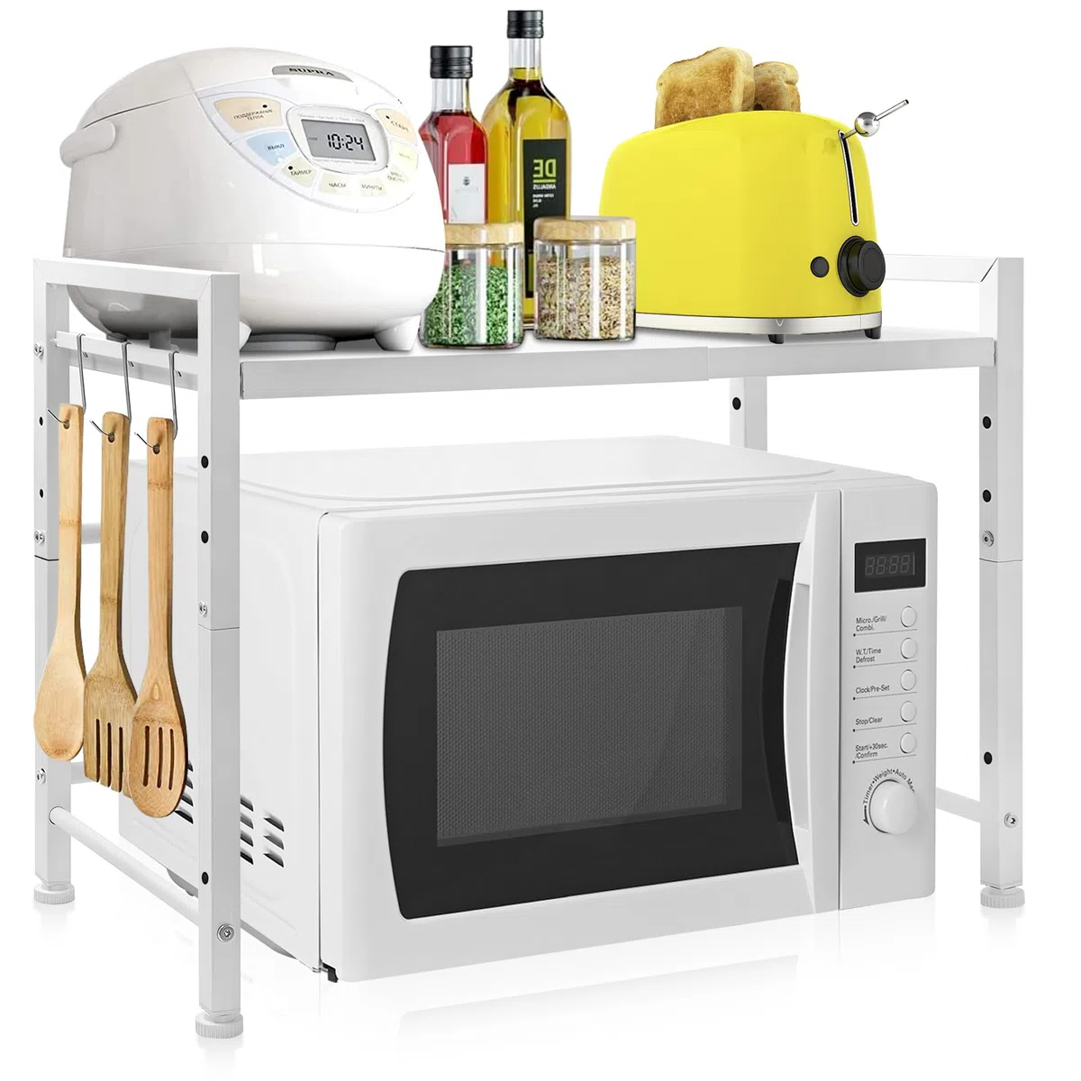 IBVIVIC 2 livelli, supporto estensibile in metallo, forno a microonde, supporto per scaffale per forno a microonde, altezza e larghezza regolabile, con 3 ganci per il posto per lo stoccaggio della