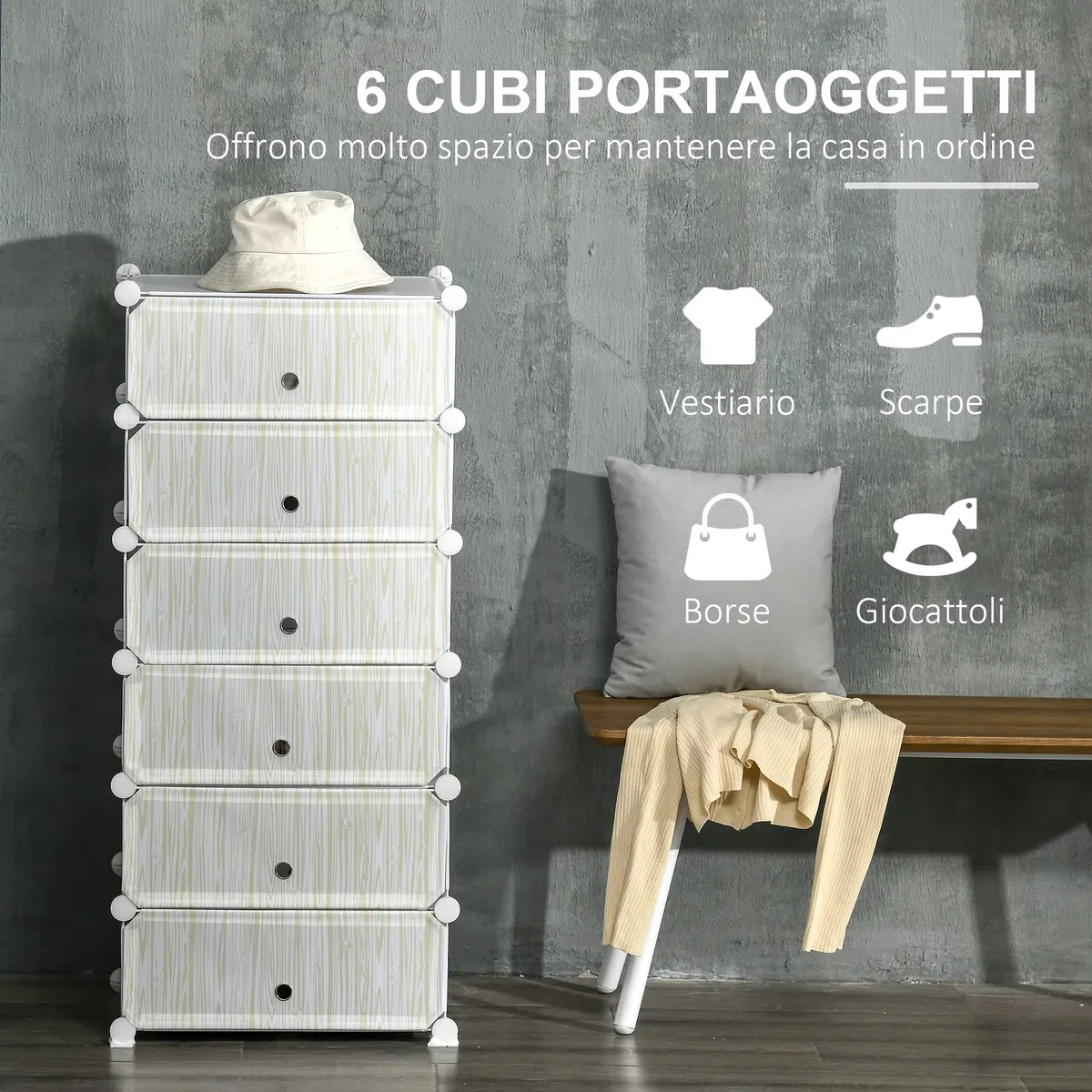 HOMCOM Scarpiera Modulare Salvaspazio con 6 Scatole 45x35x17 cm, Cubi Portaoggetti in Plastica PP e Acciaio, 49x36.5x108 cm, Bianco