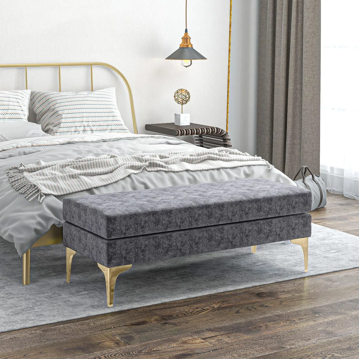 HOMCOM Panca Fondo Letto a 2 Strati, Panca Camera da Letto in Tessuto Effetto Velluto e Acciaio, 121x50.5x46.5 cm, Grigio Scuro e Oro