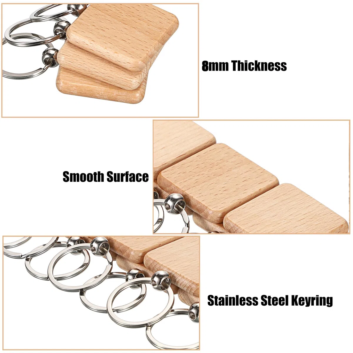 100 portachiavi quadrati in legno, 4 cm, vuoti, portachiavi in legno, per fai da te, personalizzabili, portachiavi in legno