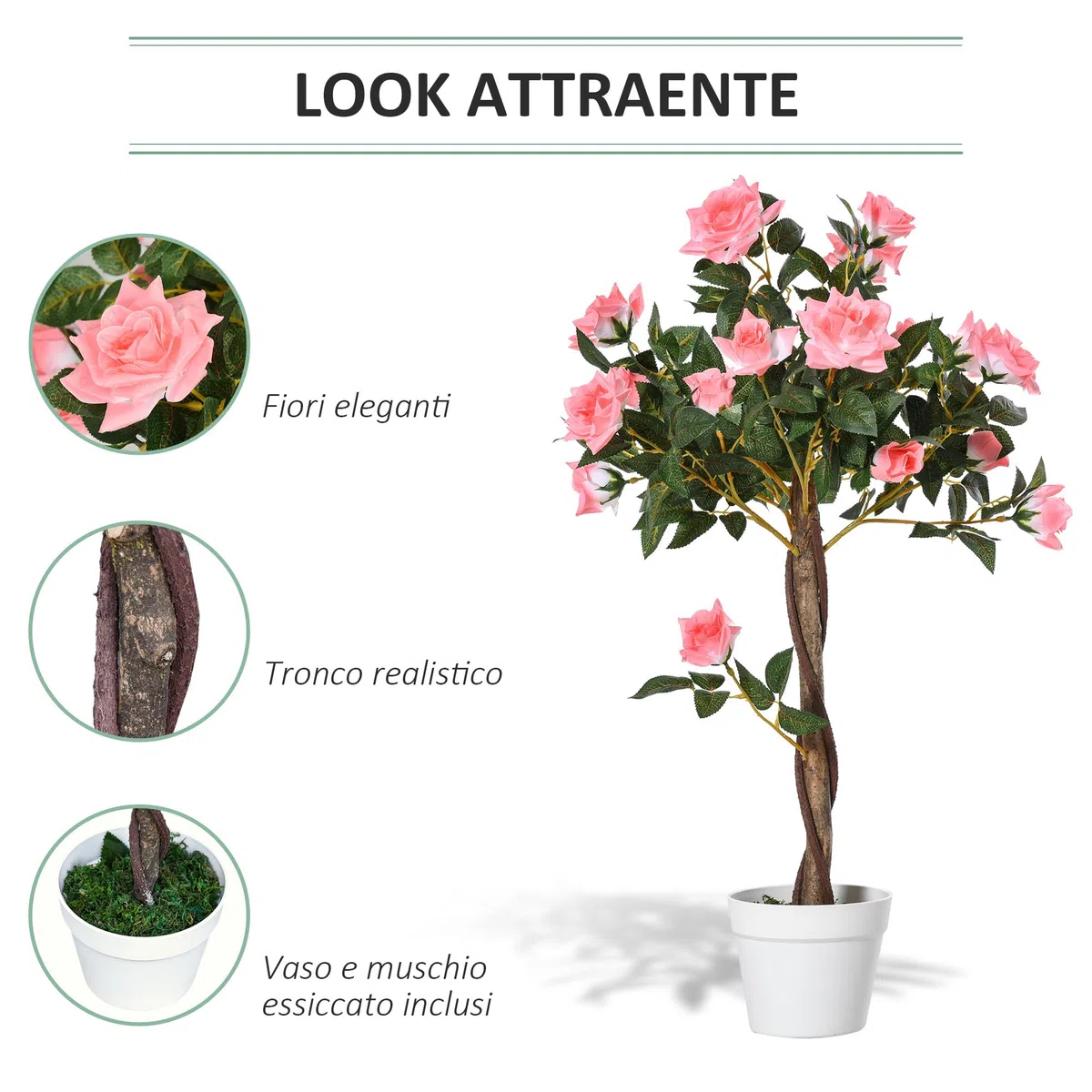 Outsunny Pianta Finta di Rosa da 21 Fiori con Vaso Riempito in Cemento e Muschio, Pianta Artificiale Anti-UV in Plastica e Tessuto, Ø18x90 cm, Rosa