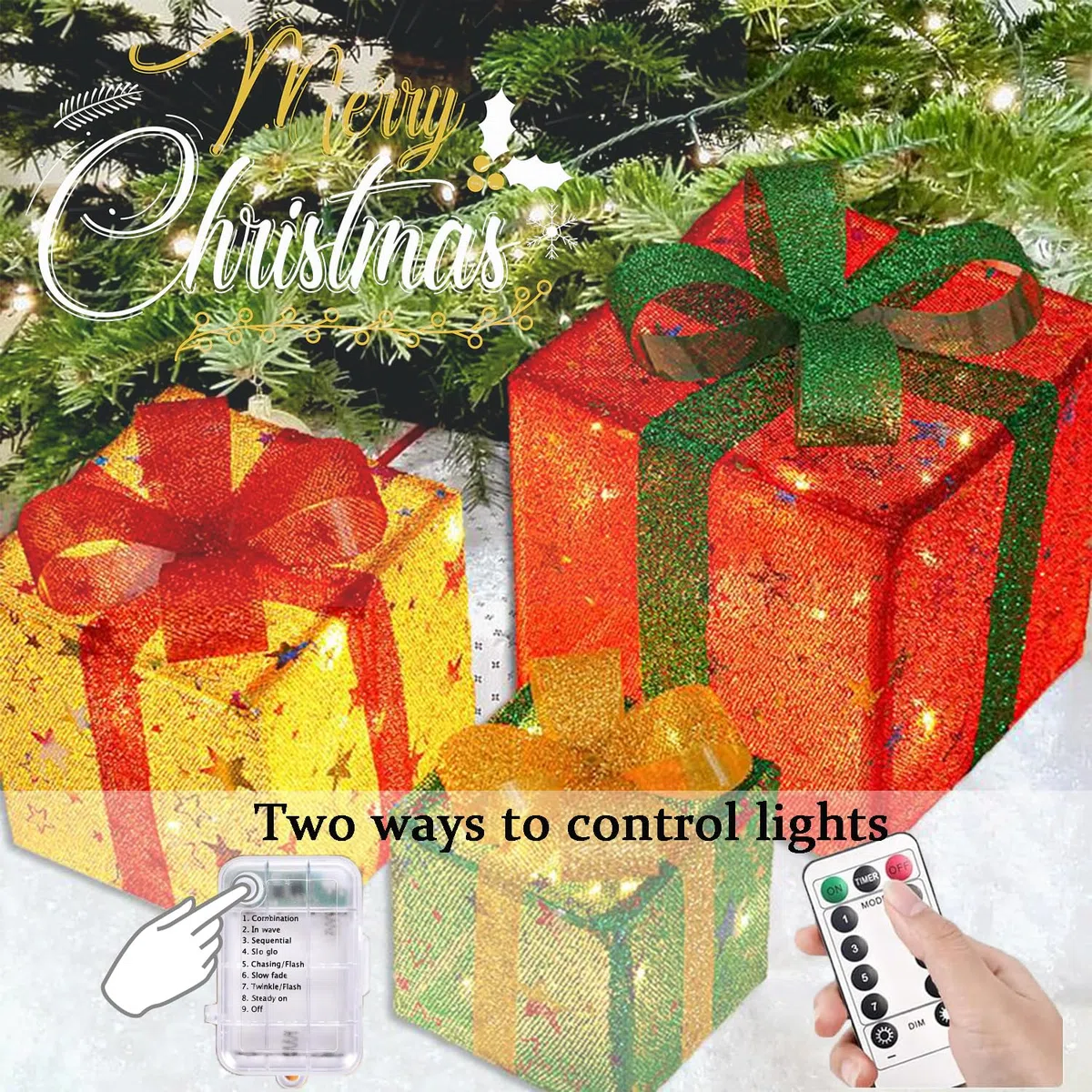 Arespark Set di 3 Luci Scatola Regalo Natalizie, 50 LED Decorazione con 8 Modalità Luminose, IP44 Illuminate per Albero di Natale, Finestre