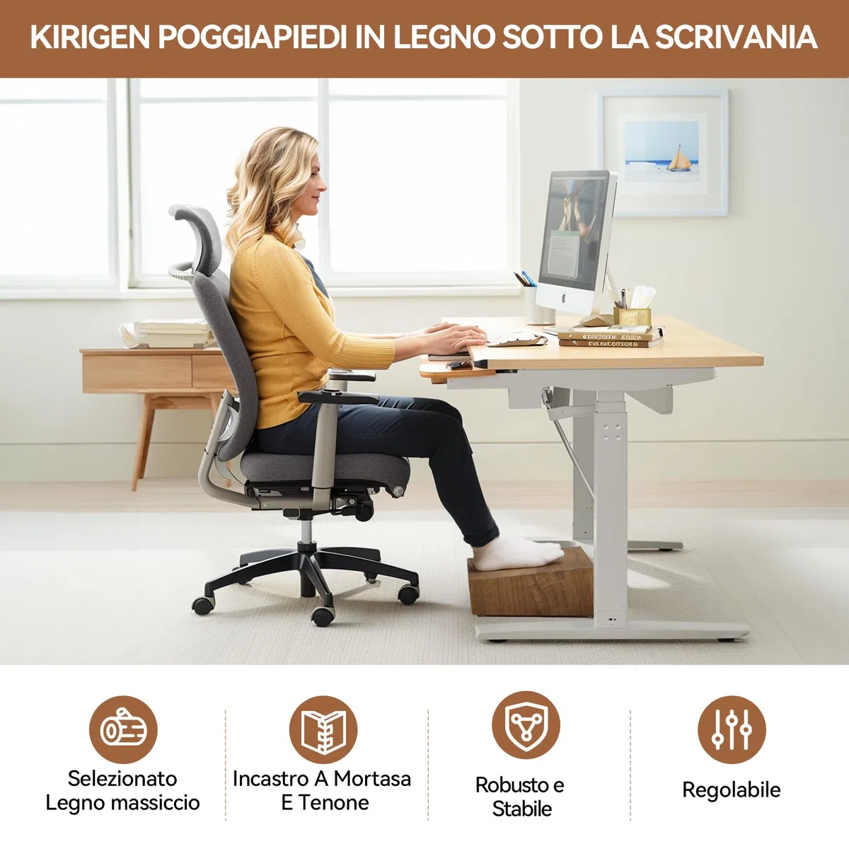 KIRIGEN Sgabello da tavolo in legno regolabile in altezza Supporto poggiapiedi ergonomico portatile per una migliore postura giallo-marrone