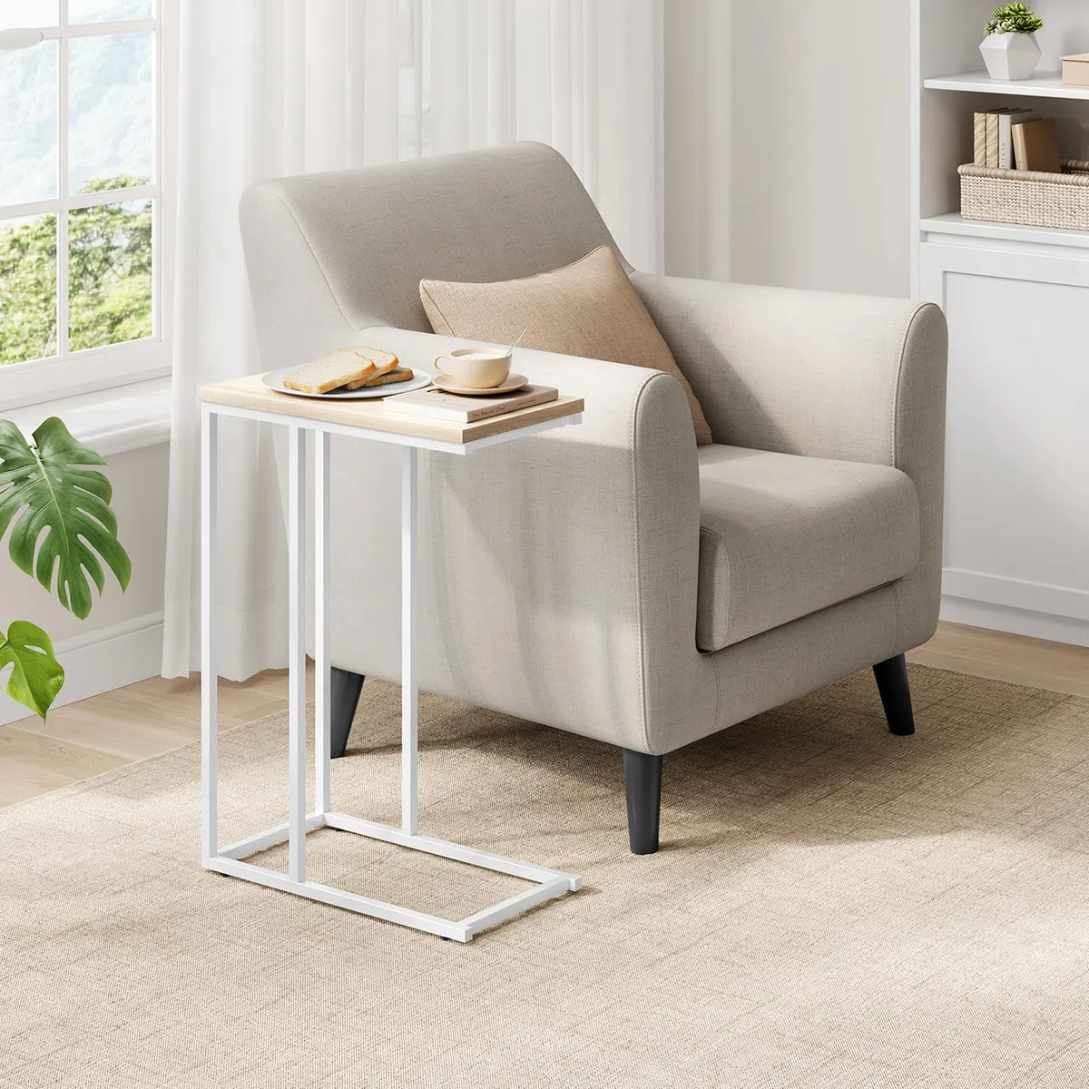WOLTU Tavolino a Forma di C, Tavolino Compatto con Struttura in Metallo e Piano in Legno Ingegnerizzato, per Divano/Letto/Soggiorno/Camera da Letto, L45xP25xH63,5cm, Rovere chiaro+bianco