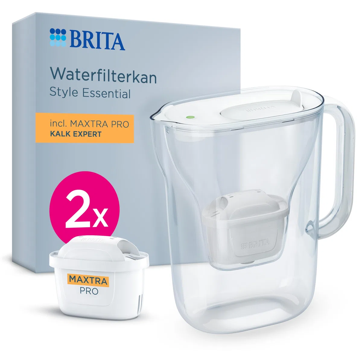 BRITA Caraffa filtrante Style Essential Blanca (2.4L) incl. 2x MAXTRA PRO Expert Cal | compatibile con la porta del frigorifero, con indicatore LED, filtra il calcare e molto altro ancora