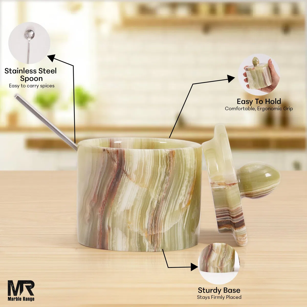 MARBLE RANGE Set di 2 contenitori per sale in marmo con coperchio e vassoio, 10 cm, in onice verde, fatti a mano, set di 2 barattoli per condimenti, contenitori per spezie per piano di lavoro