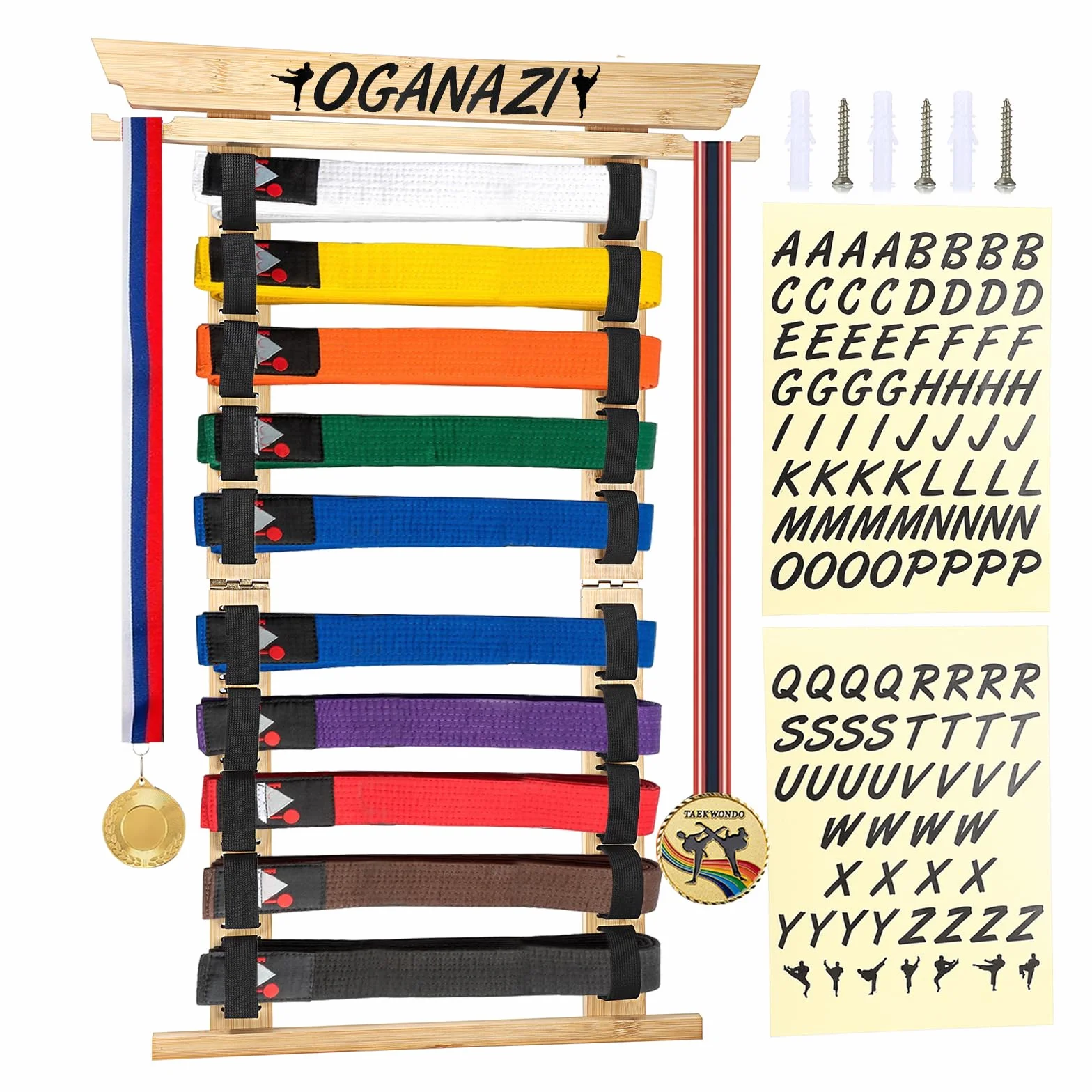 SUMNACON Supporto per cintura Arti Marziali, 10 Cinture in Bambù Taekwondo, Supporto a Parete per Medaglie, Karate e Ninjutsu