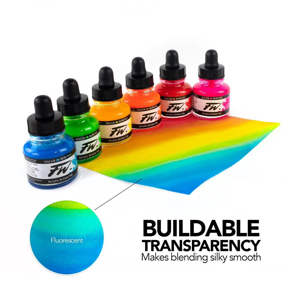 Daler Rowney FW, set di inchiostri acrilici florescenti 6 flaconi da 29,5 ml e 1 marcatore