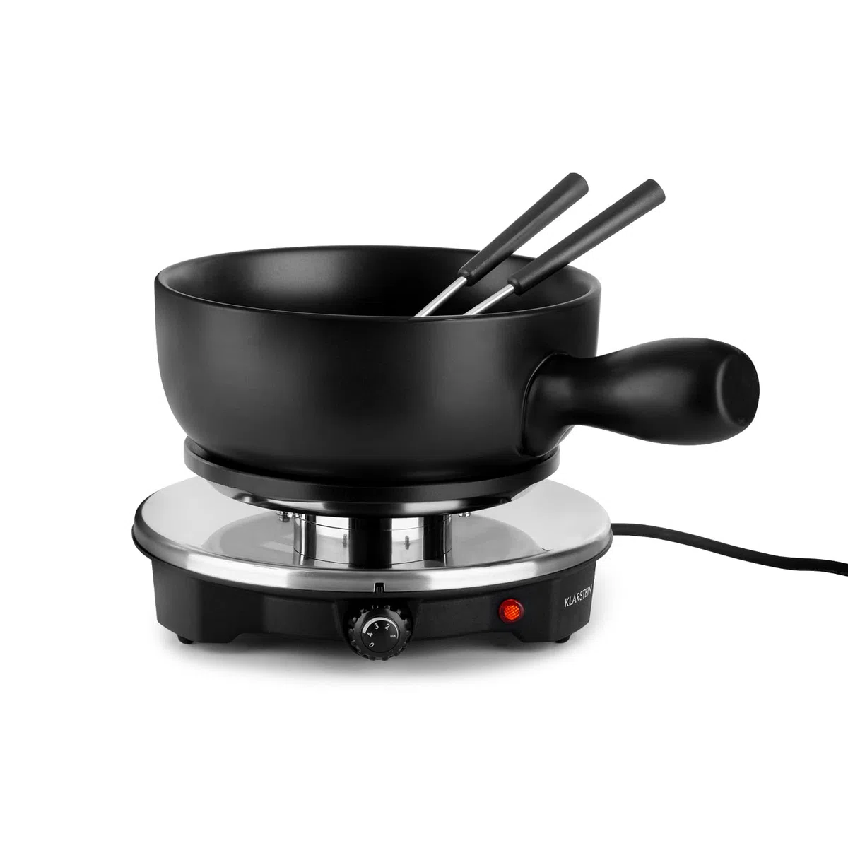 Klarstein Sirloin - Fonduta di formaggio, Grill party, Pentola in ceramica smaltata, Potenza 1200 W, Piastra riscaldante in alluminio pressofuso, Interruttore termostatico, Antiscivolo, Nero