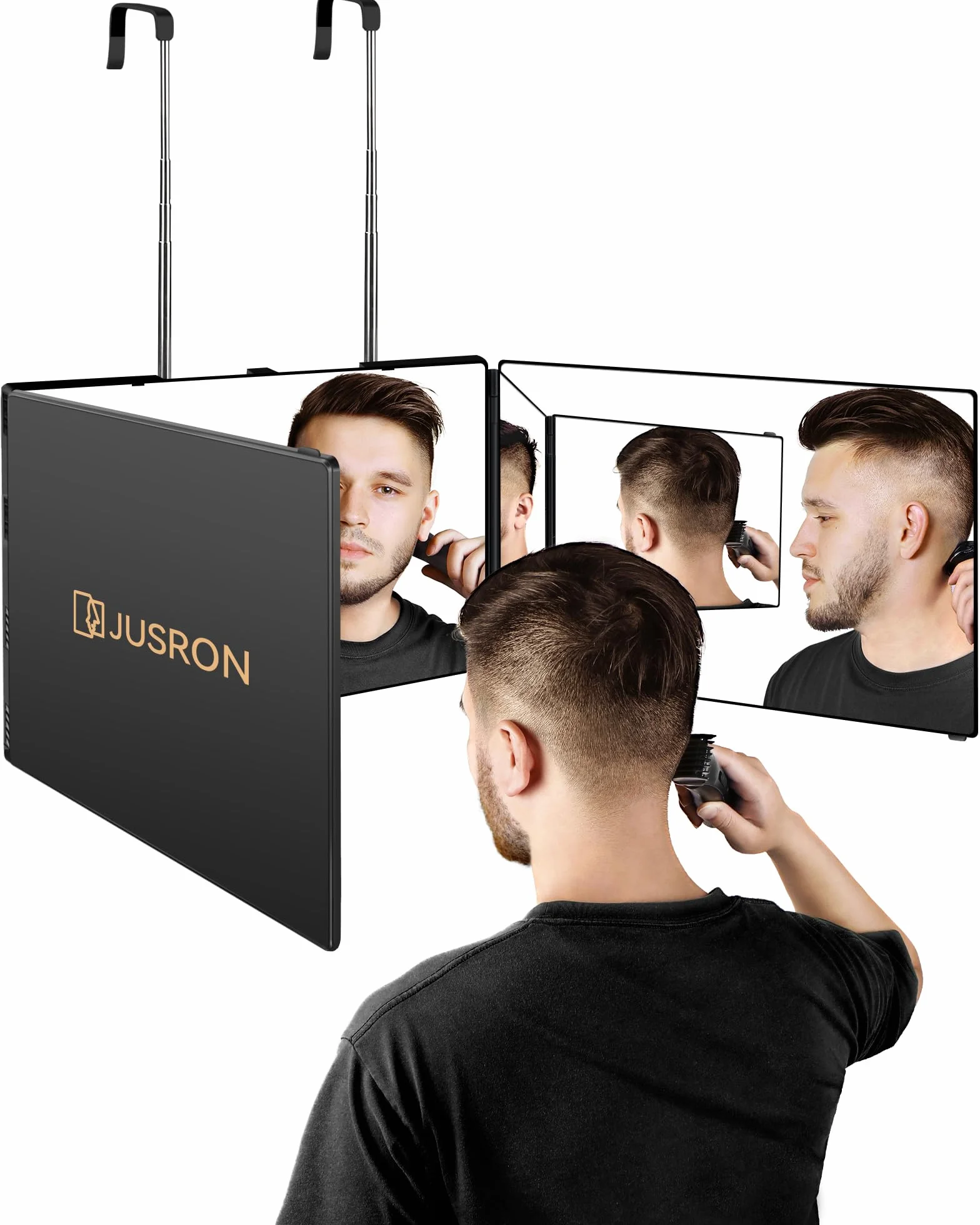 JUSRON Specchio Trucco a 3 Vie, Portatile Specchio a 360 Gradi Capelli, Specchio Makeup a 3 facce Regolabile in Altezza con Gancio Telescopico, Regalo Compleanno Ideale per Donne/Uomini(senza LED)