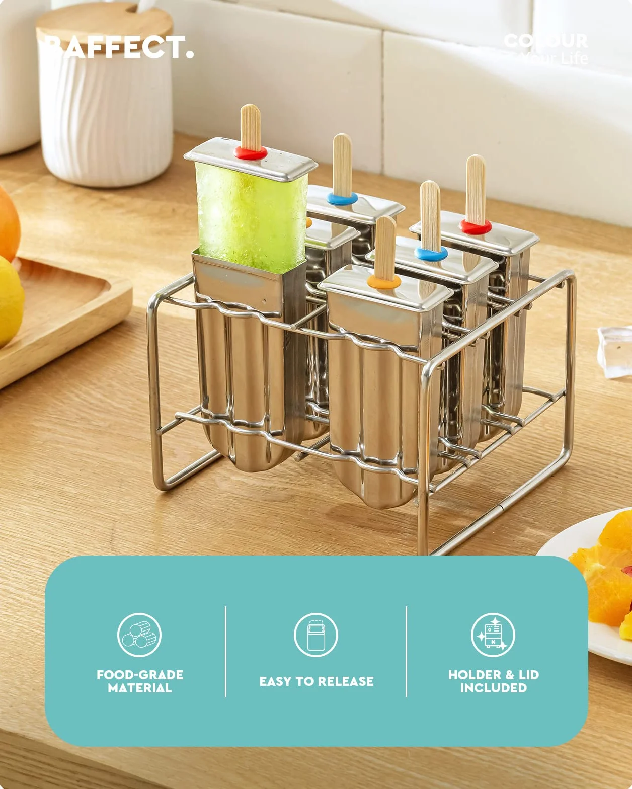 Baffect acciaio inossidabile Popsicle stampo con Stick Holder gelato Mold set di 6