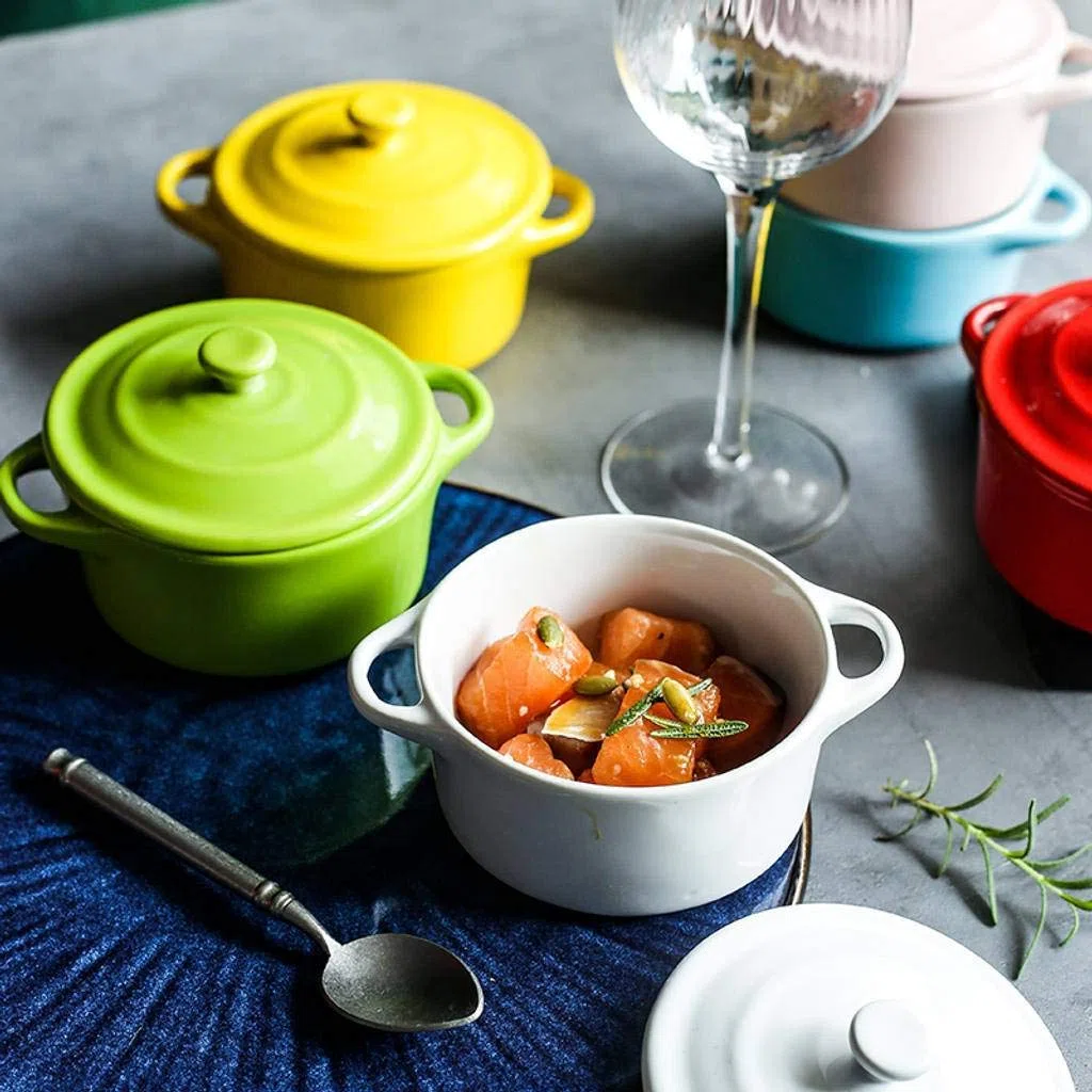 Ciotola per zuppa con 2 Manici e Coperchio, Ciotole per zuppa in Tinta Unita con Manici in Porcellana Forno in Ceramica Cinese Adatto al microonde Adatto al microonde in Stile Giapponese per