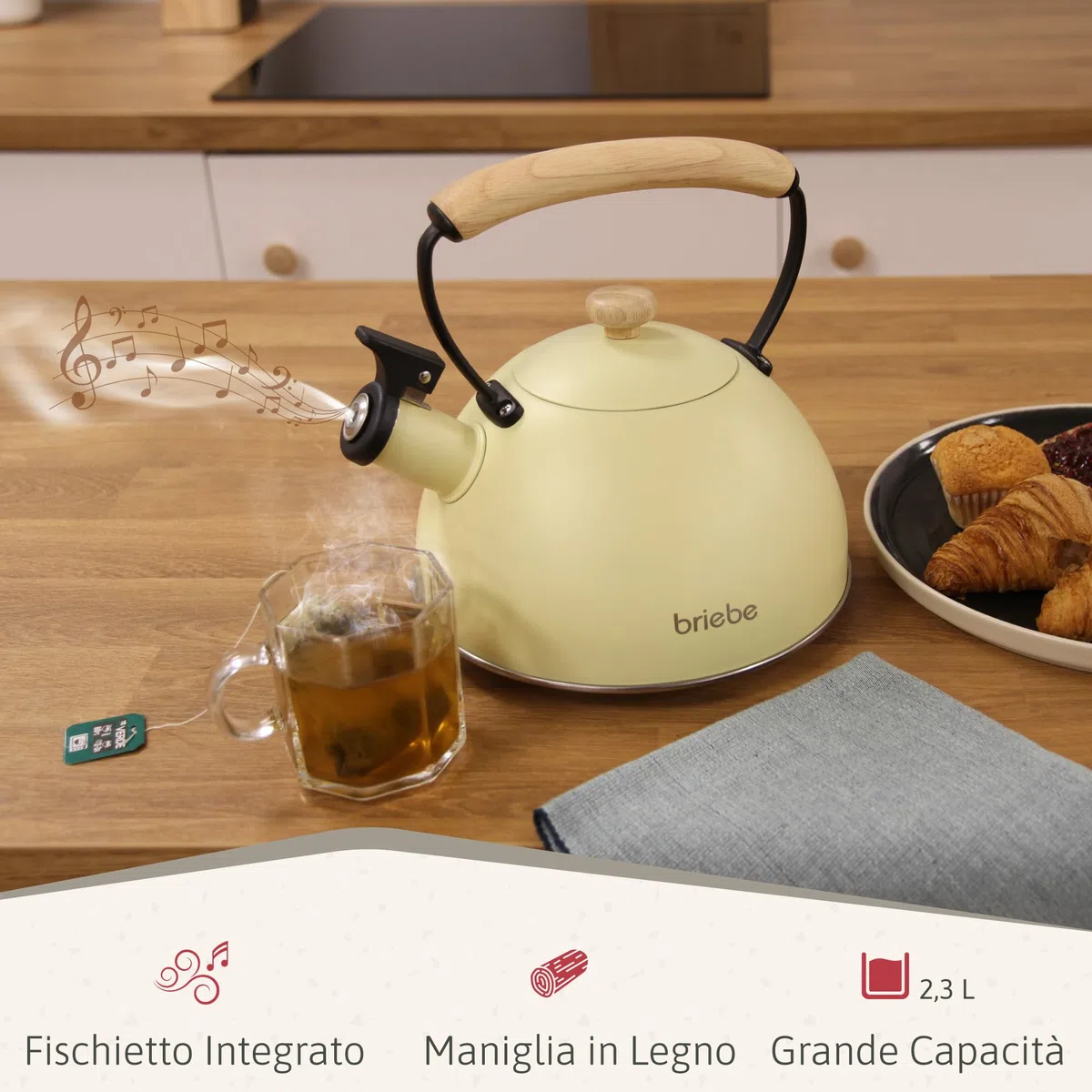 briebe Retro Bollitore Induzione a Fischio 2,3 L, Acciaio Inossidabile, Tutti Fornelli: Vetroceramica, Gas, Elettrico, Manico in Legno Cool Touch, per Tè, Caffè, Vintage, Tea Pot, Giallo