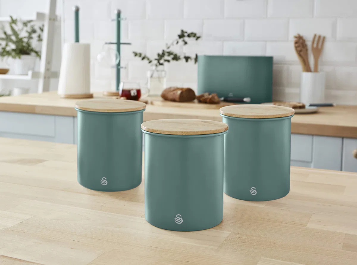 Swan Nordic Set di 3 Barattoli da Cucina in Acciaio al Carbonio, Robusti, con Coperchio in bambù, per Conservare tè, caffè e Zucchero, Design Moderno, Verde