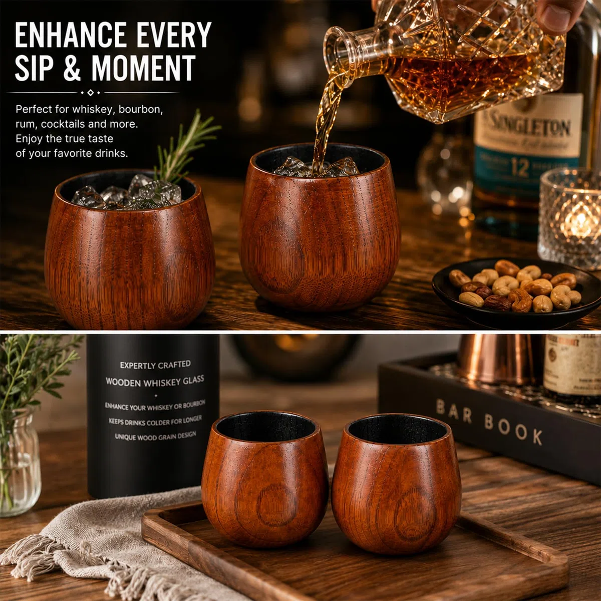 Bicchieri per Whisky in Legno, Confezione da 2 Bicchieri Old Fashioned con Interno Carbonizzato per Ammorbidire il Gusto, Calici per Bourbon e Rum, Design Ampio per Esaltare l’Aroma