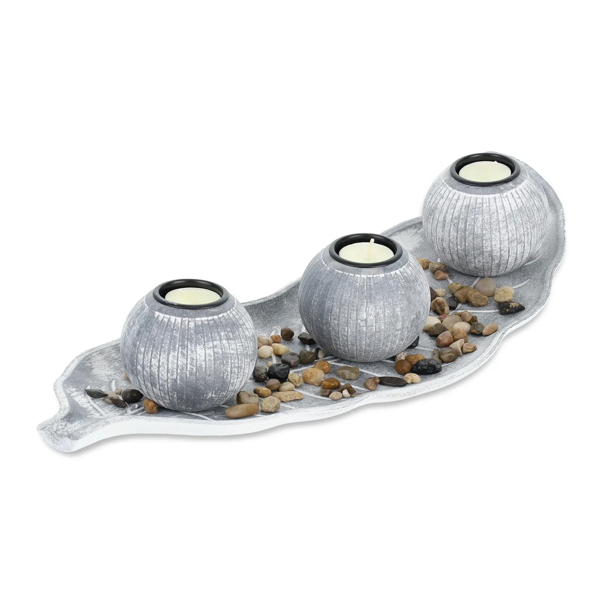 Relaxdays Portacandele Decorativo con Vassoio e Pietre, Lungo 50 cm, Decorazione per Tavolino e Soggiorno, Grigio Bianco