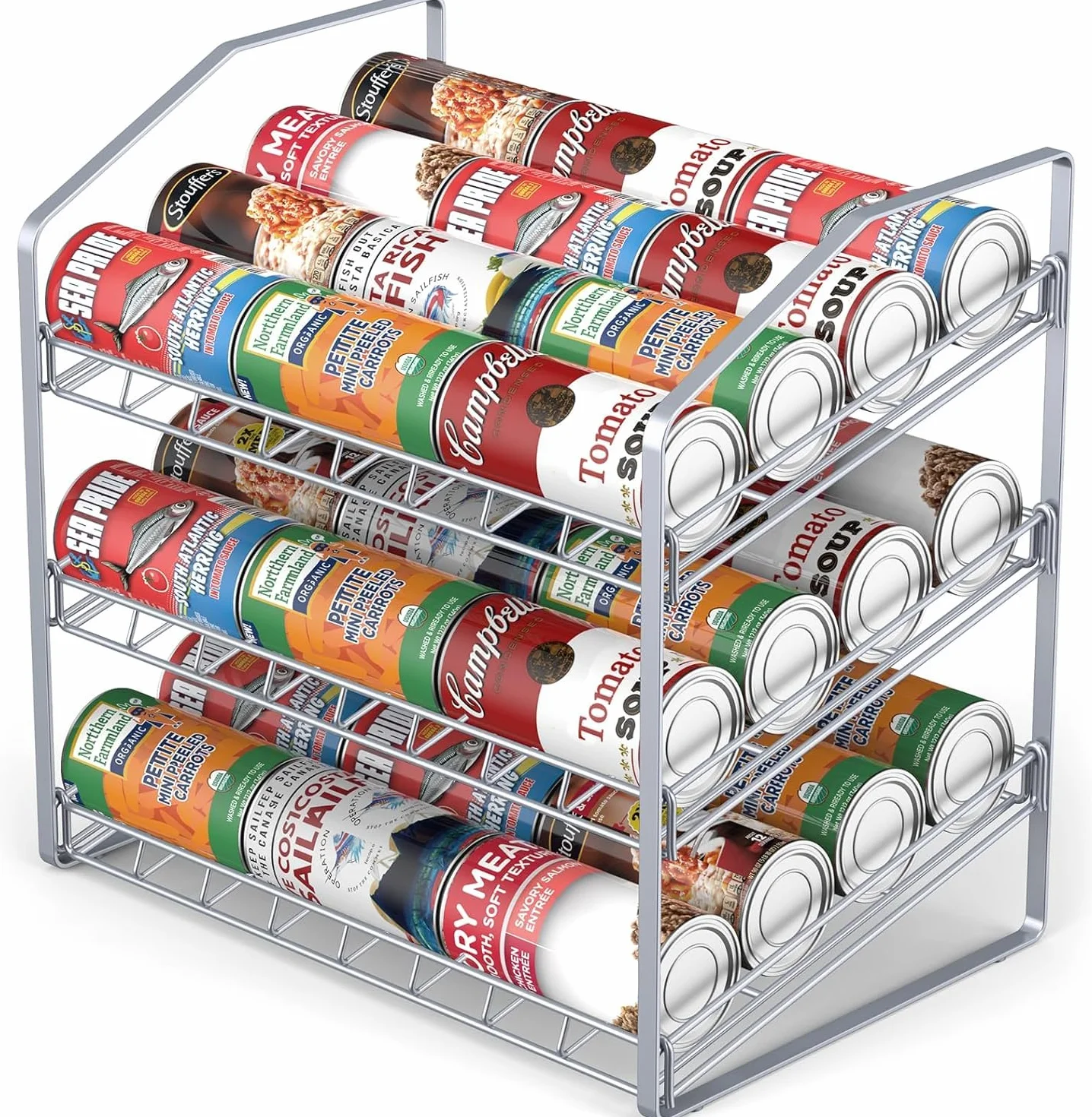 Porta-lattine a 3 livelli, organizer per dispensa, porta lattine per piano di lavoro, armadio, cucina, argenteo