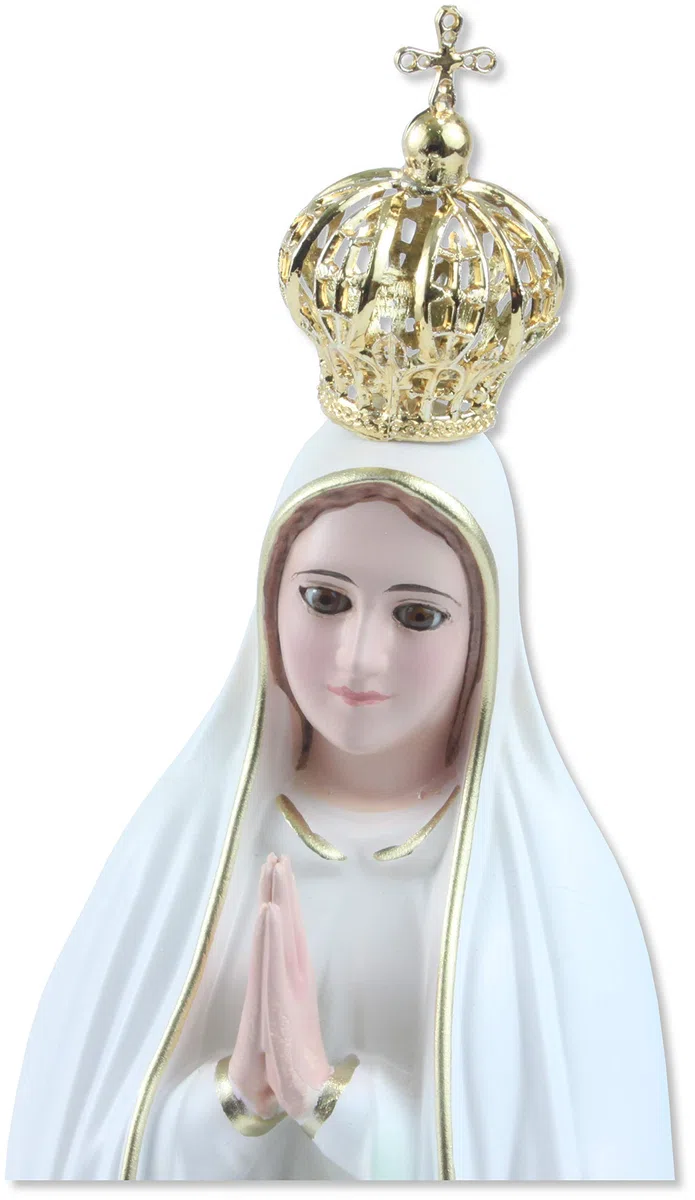 Statua della Madonna di Fatima in resina dipinta a mano con occhi in vetro. Altezza cm 27
