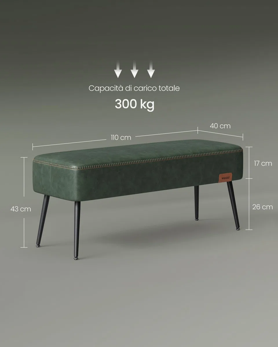VASAGLE EKHO Collezione - Panca da Ingresso Camera da Letto, PU con Cuciture, Gambe in Acciaio, Soggiorno Sala da Pranzo, Moderno di Metà Secolo, Portata di 300 kg, Verde Foresta LOM076C01