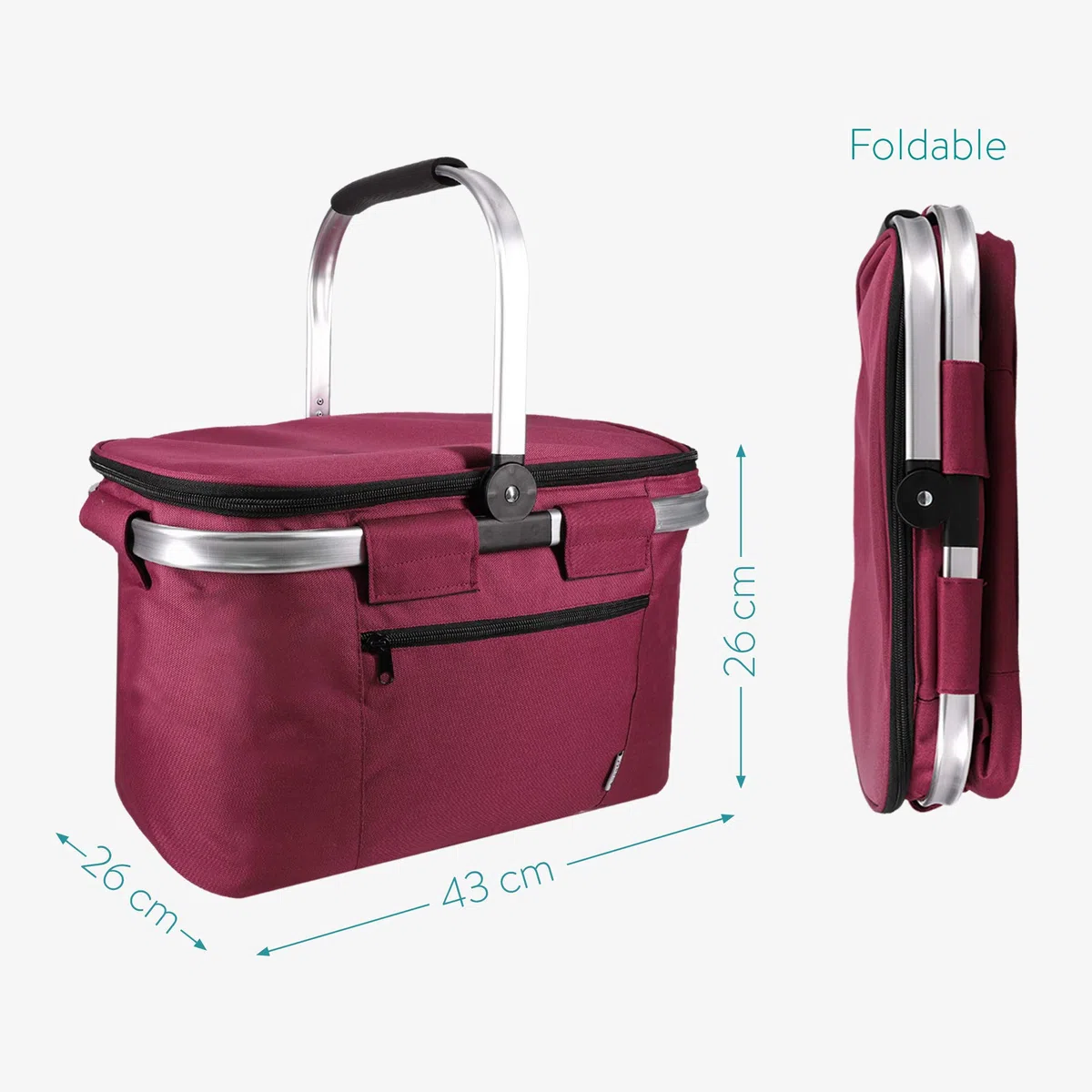 Navaris Borsa Termica PIC-Nic 4 Persone - Cesto Porta Pranzo Termico 27 Litri 43x26cm - Borsafrigo Mare Campeggio Shopping - Cesta Isolante - Rosso
